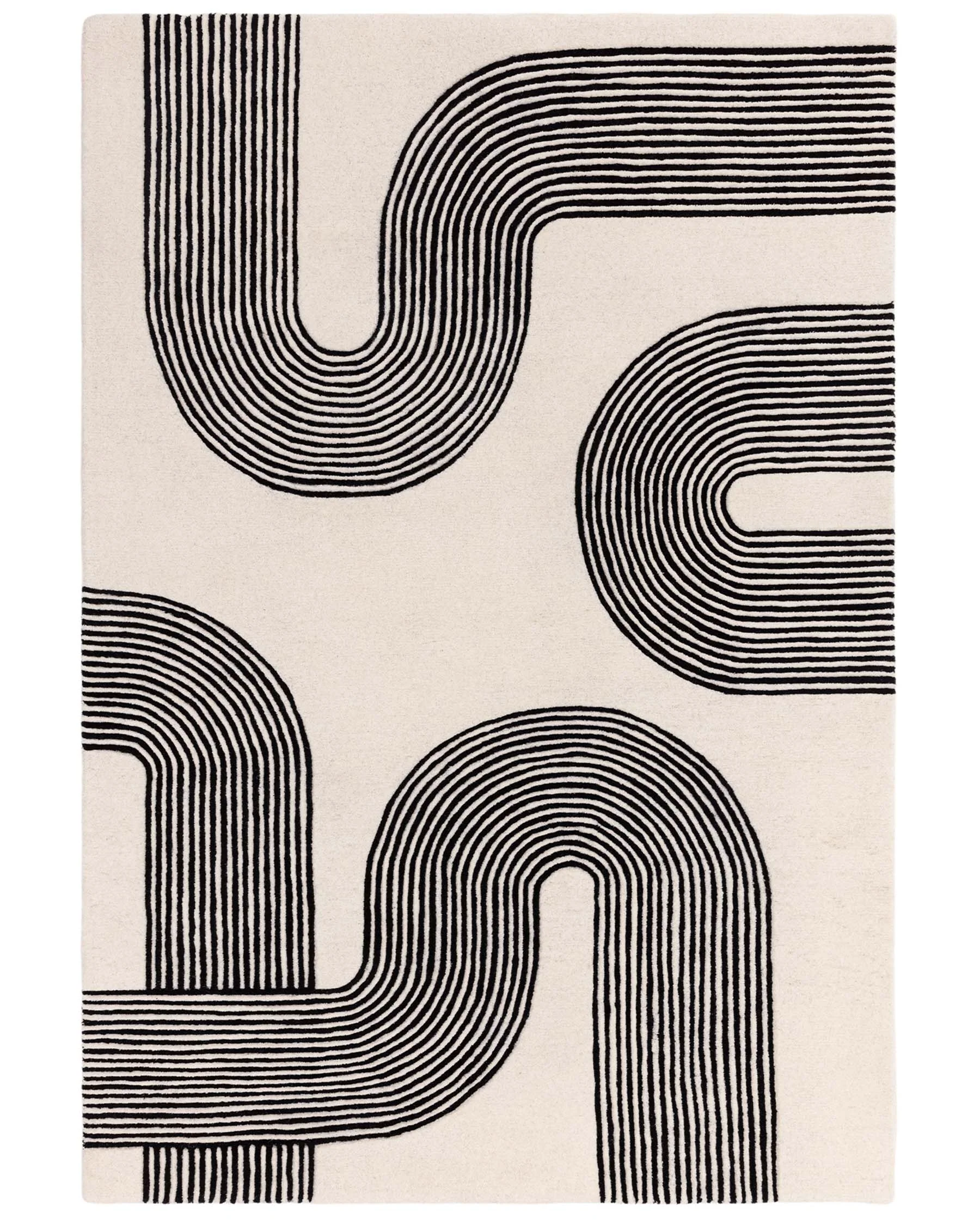 Abstract Lines black and cream wool large rug