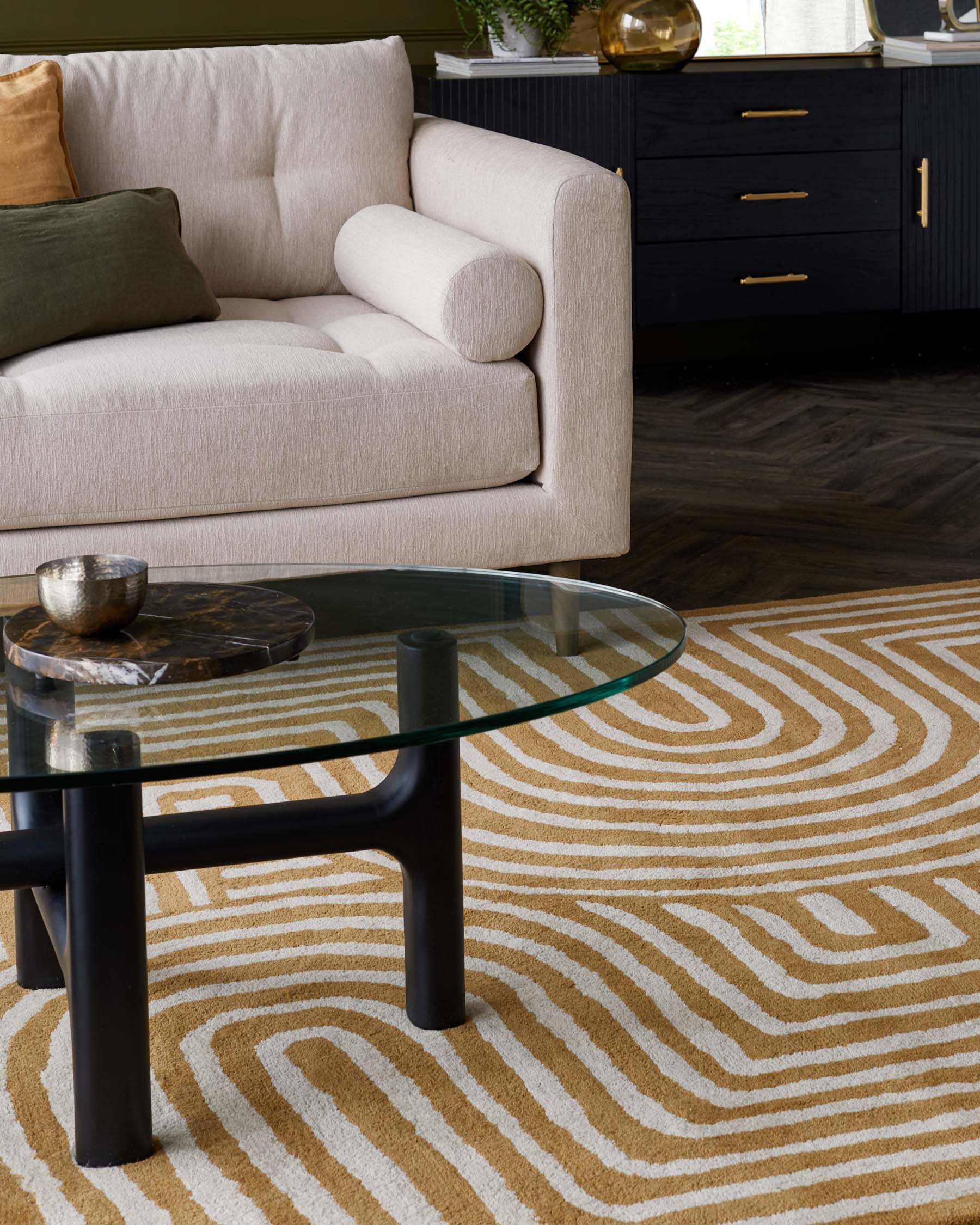 Abstract Swirl ochre wool small rug - Image 3