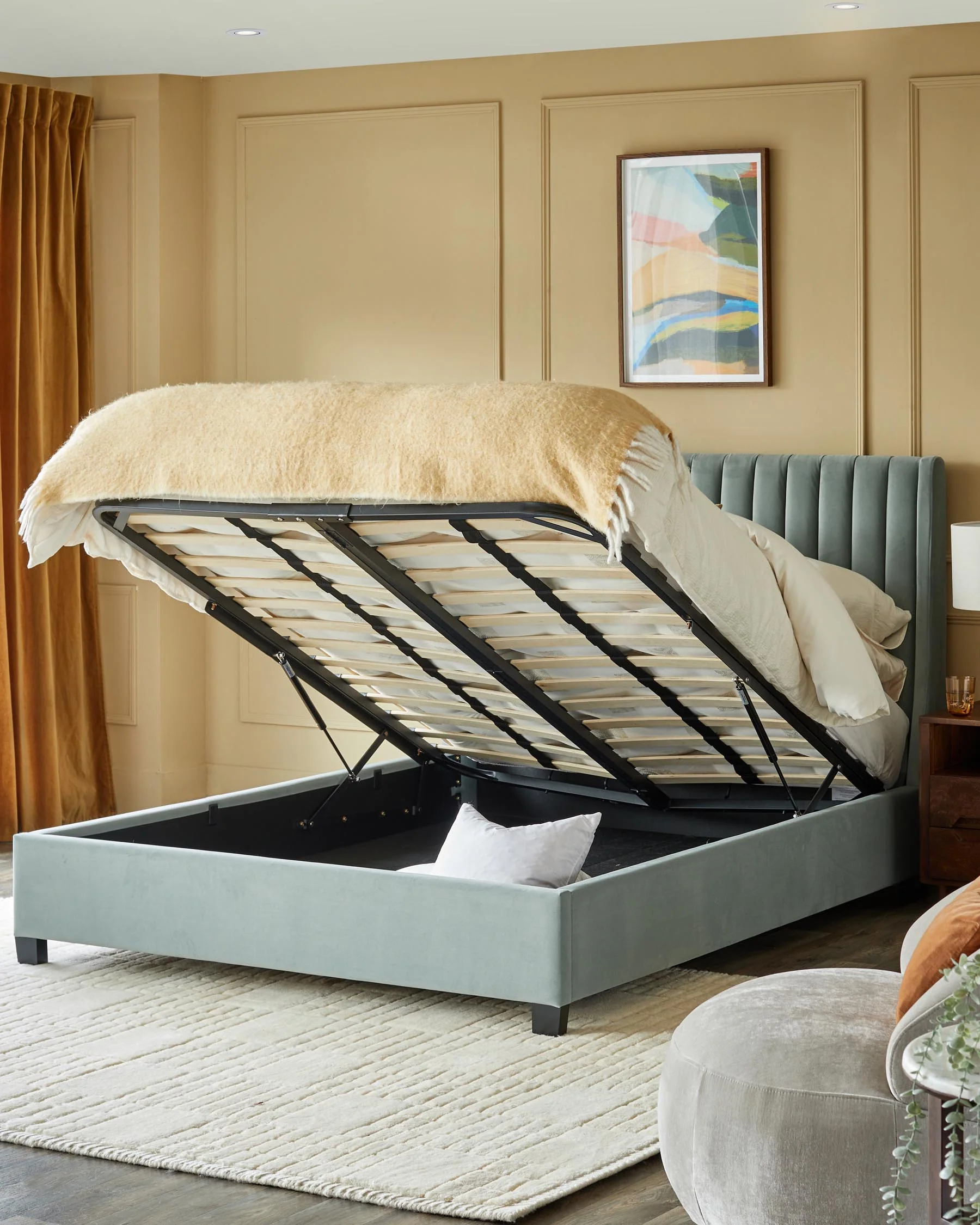 Amalfi Sage Green Velvet King Size Ottoman Storage Bed - Image 3