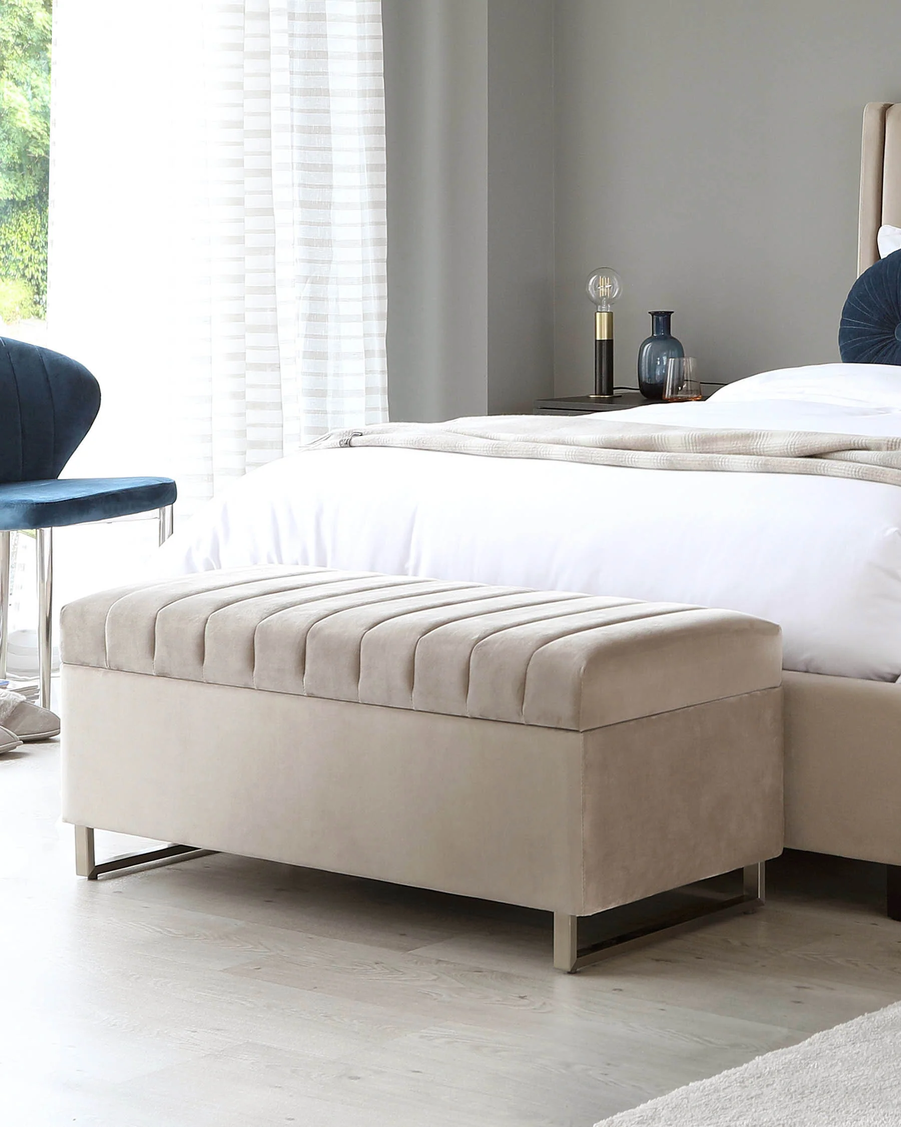 Amalfi Champagne Velvet And Brushed Steel Ottoman Storage Bench - Image 7