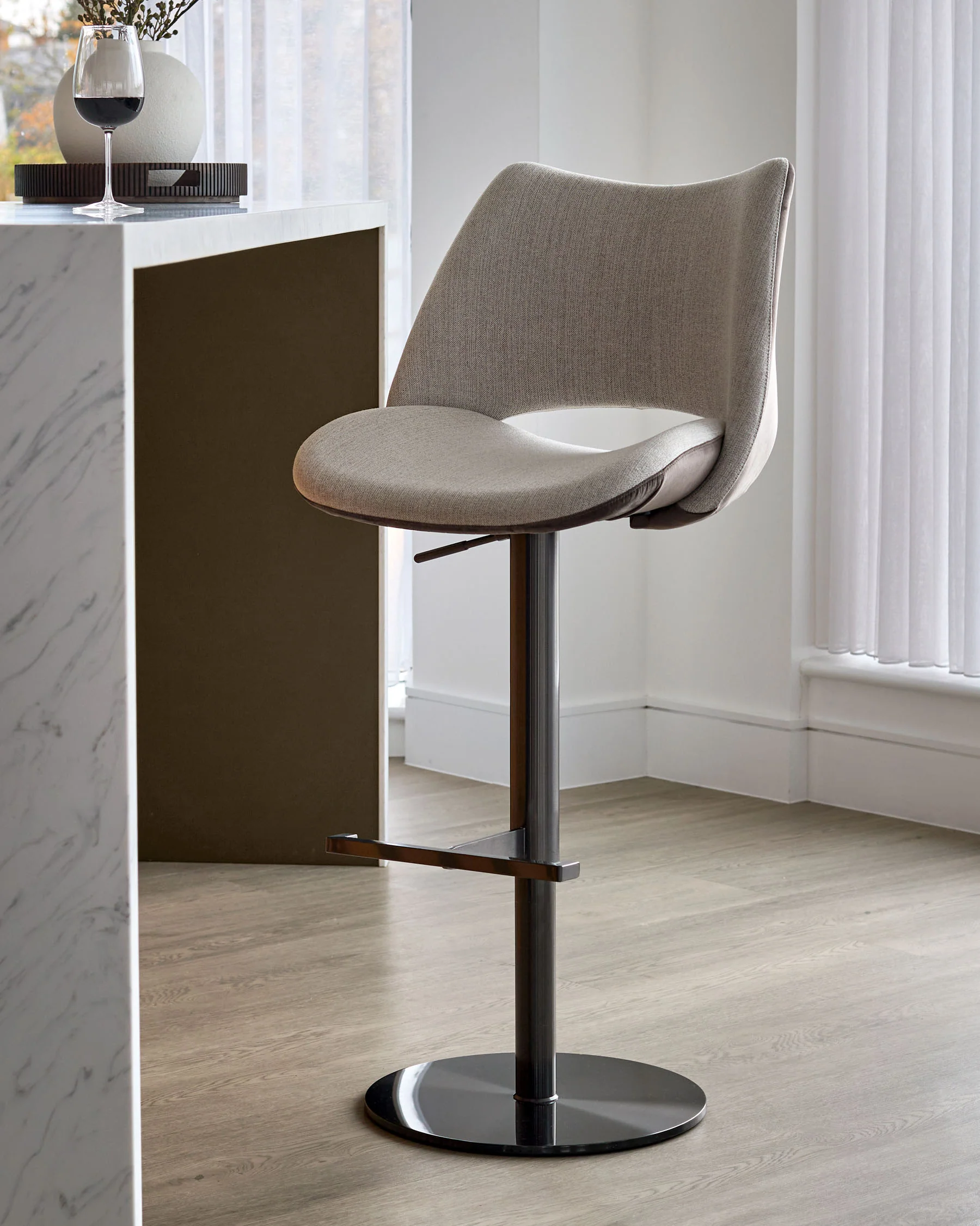 Bronwyn natural fabric and mocha velvet gas lift bar stool