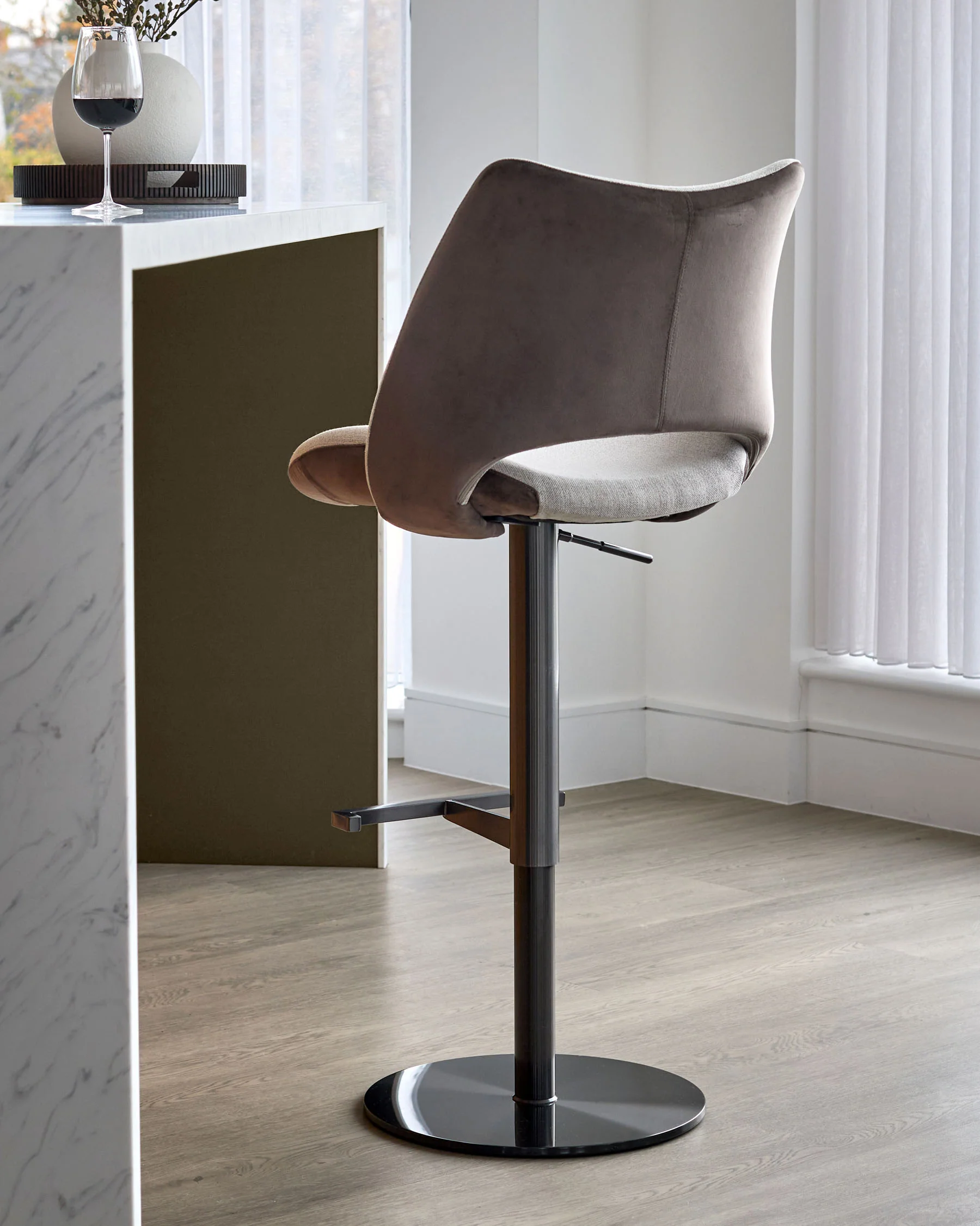 Bronwyn natural fabric and mocha velvet gas lift bar stool - Image 2
