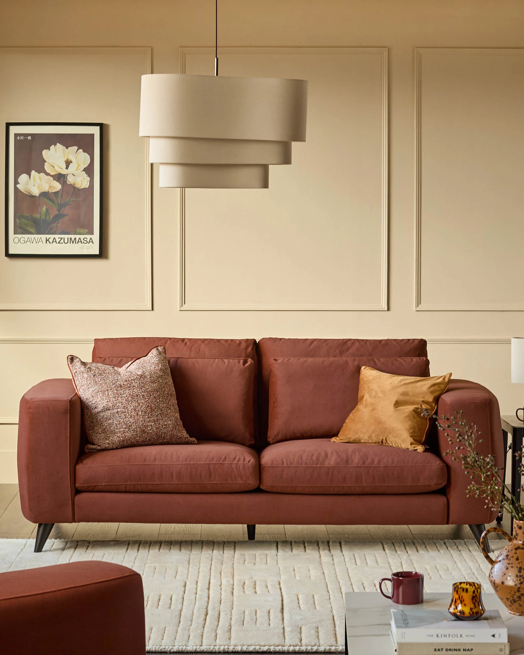 Quinn toffee red plush fabric black wood 3 seater sofa