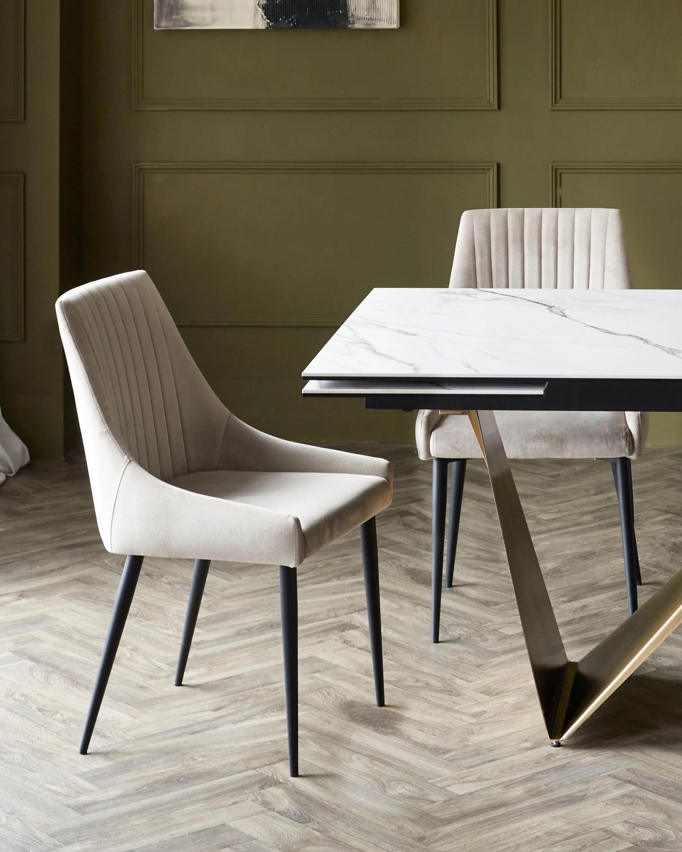 Calenzano 8-10 Seater Natural Ceramic Dining Table with 8 Blakely Champagne Velvet Dining Chairs - Image 5