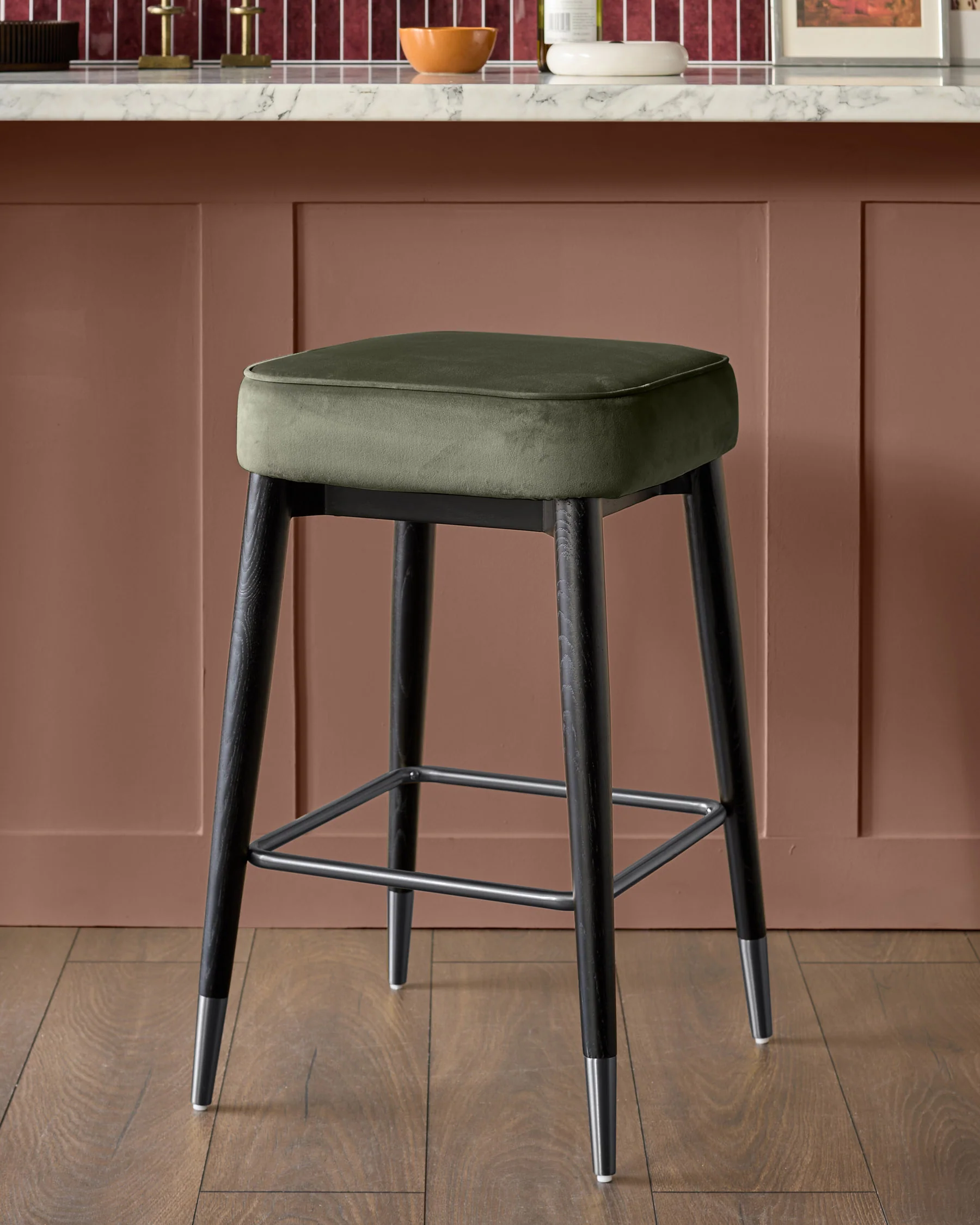 Clover olive green velvet backless stainless steel bar stool