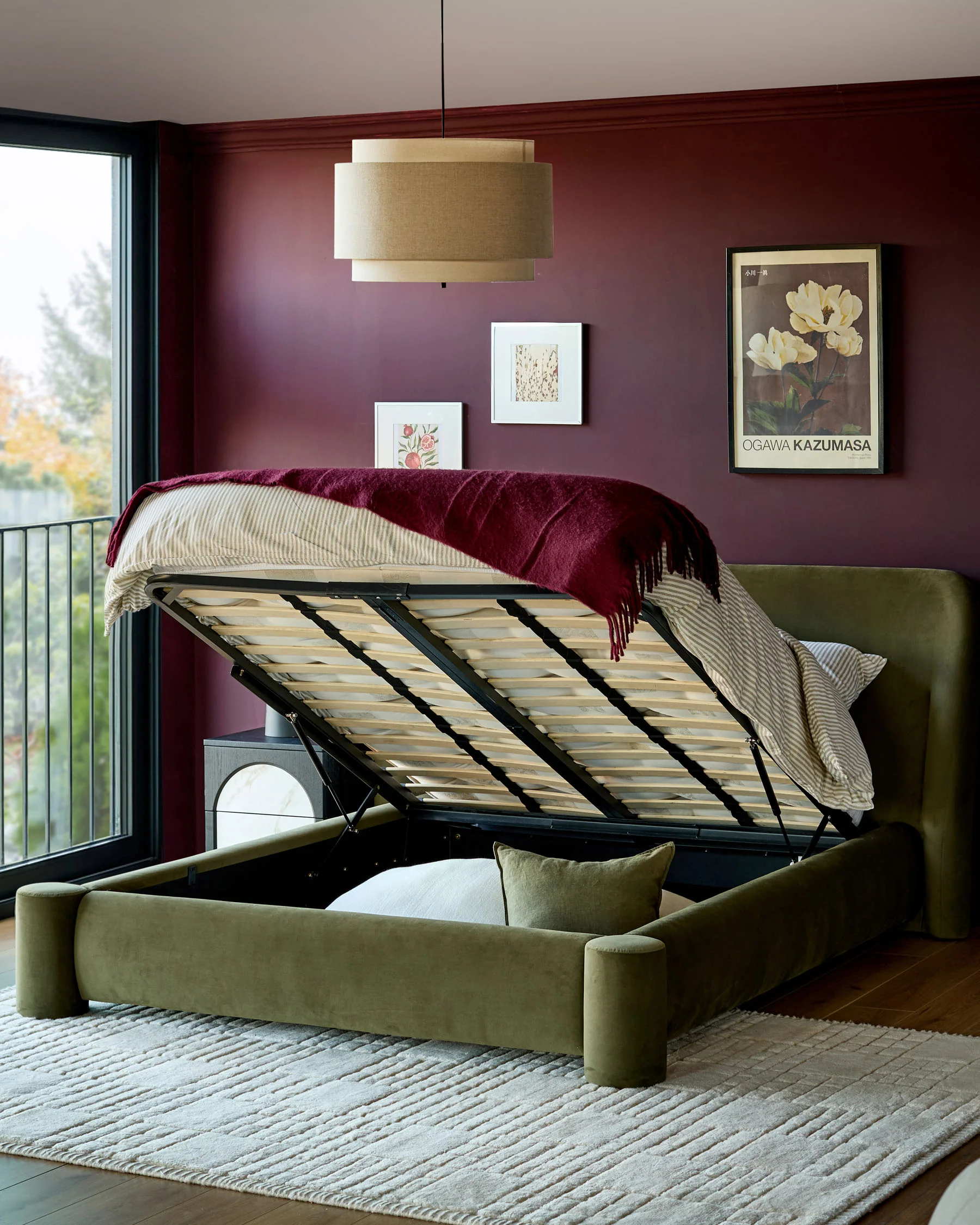 Deven olive green velvet king size ottoman storage bed - Image 3