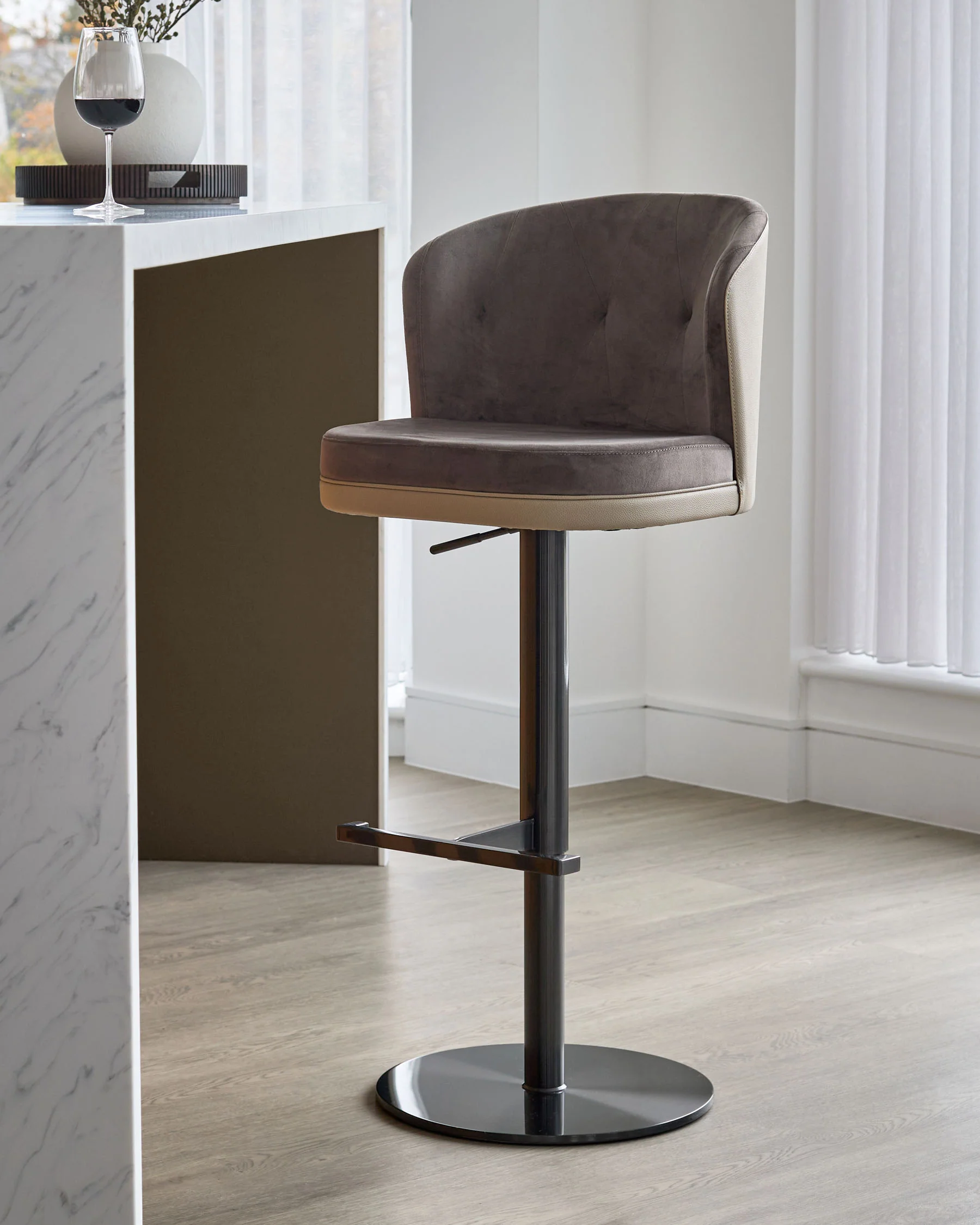Elodie natural faux leather and mocha velvet gas lift bar stool