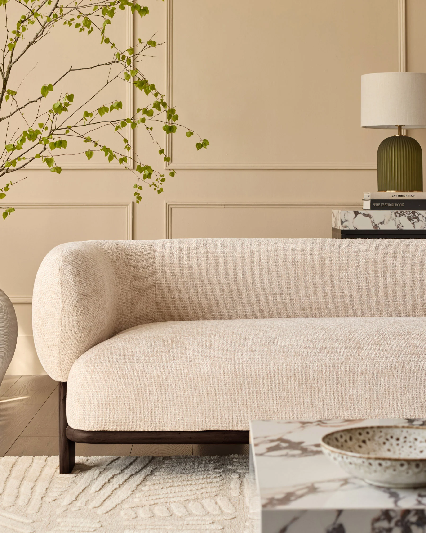 Florence natural fabric with dark wood 2 seater sofa - Image 6