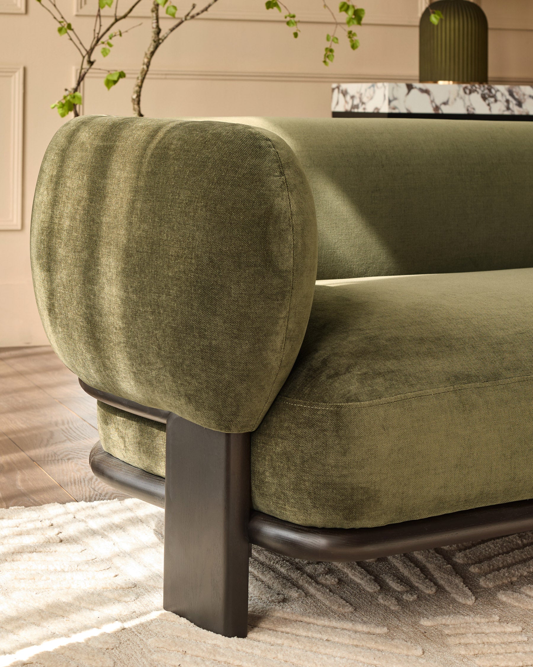 Florence olive green chenille with dark wood 3 seater sofa - Image 5