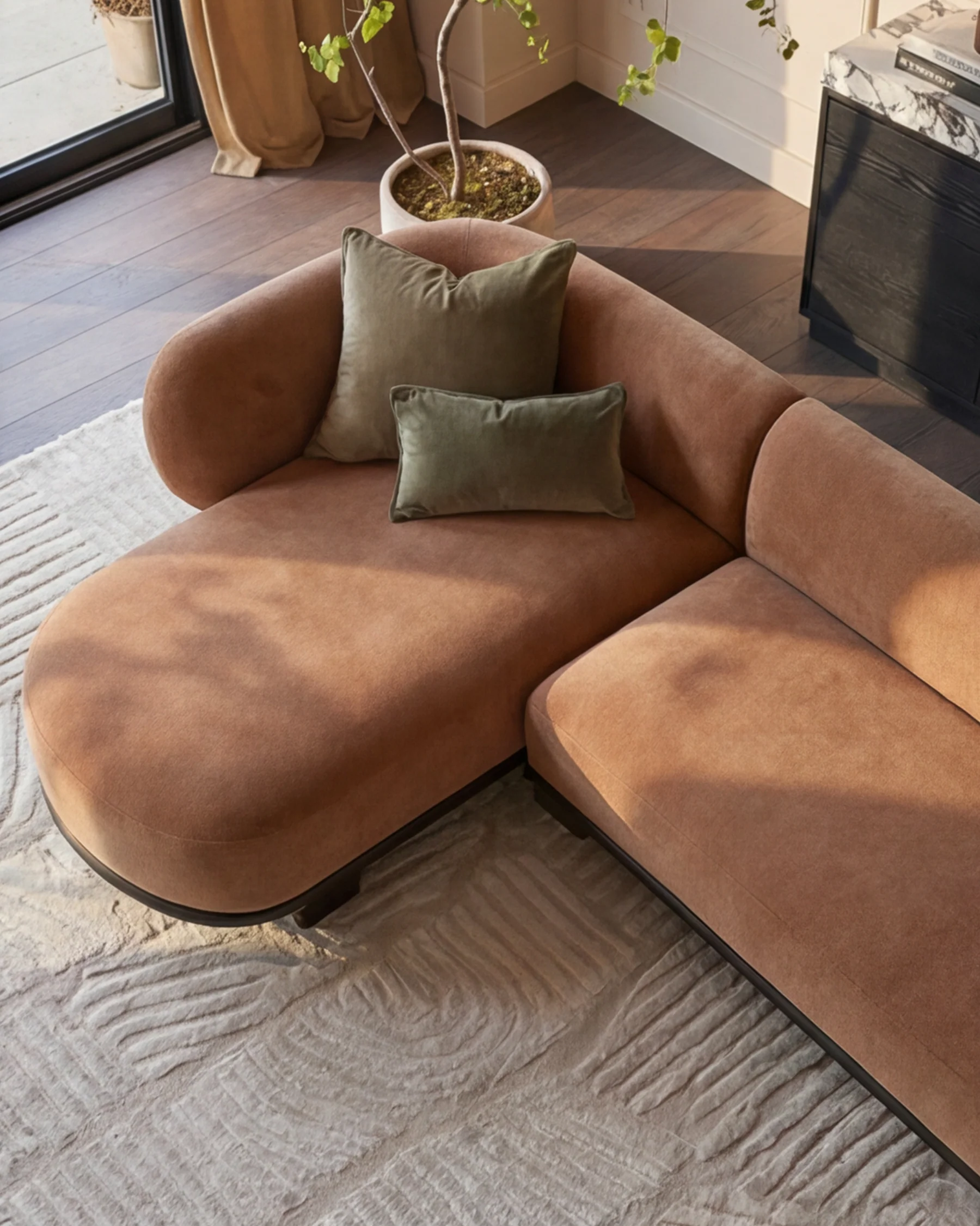 Florence apricot fabric with dark wood left hand facing chaise sofa - Image 2