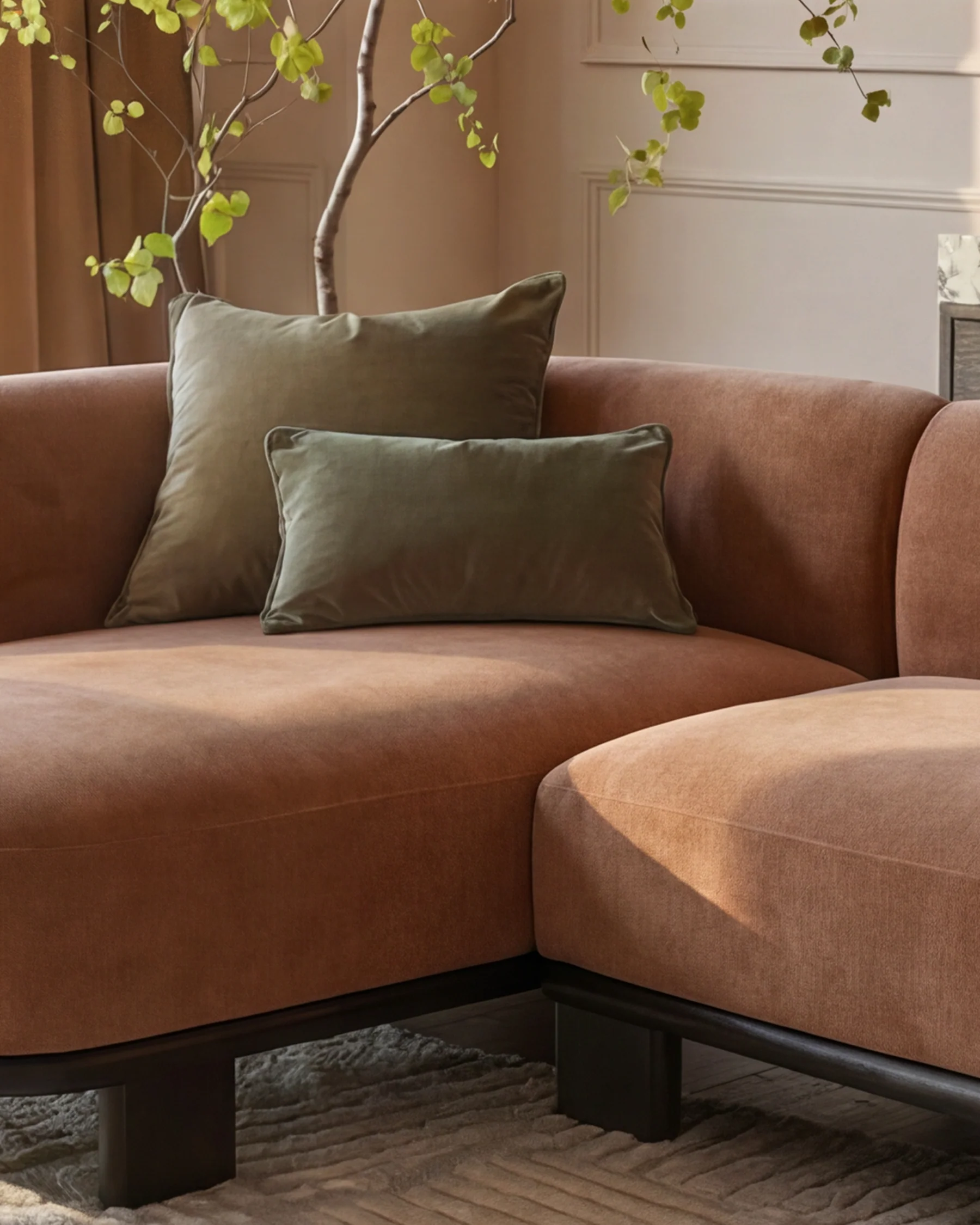 Florence apricot fabric with dark wood left hand facing chaise sofa - Image 9