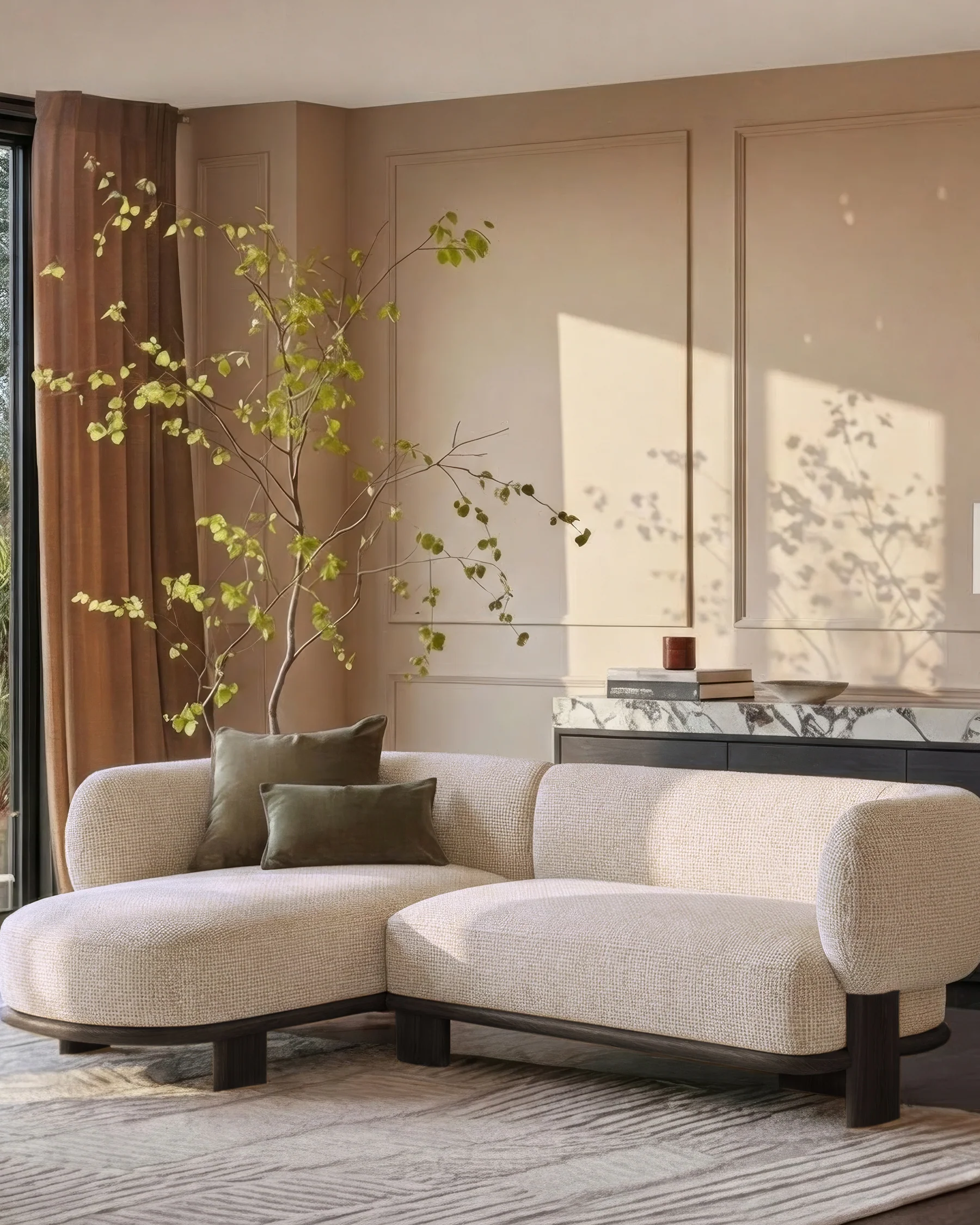 Florence natural fabric with dark wood left hand facing chaise sofa