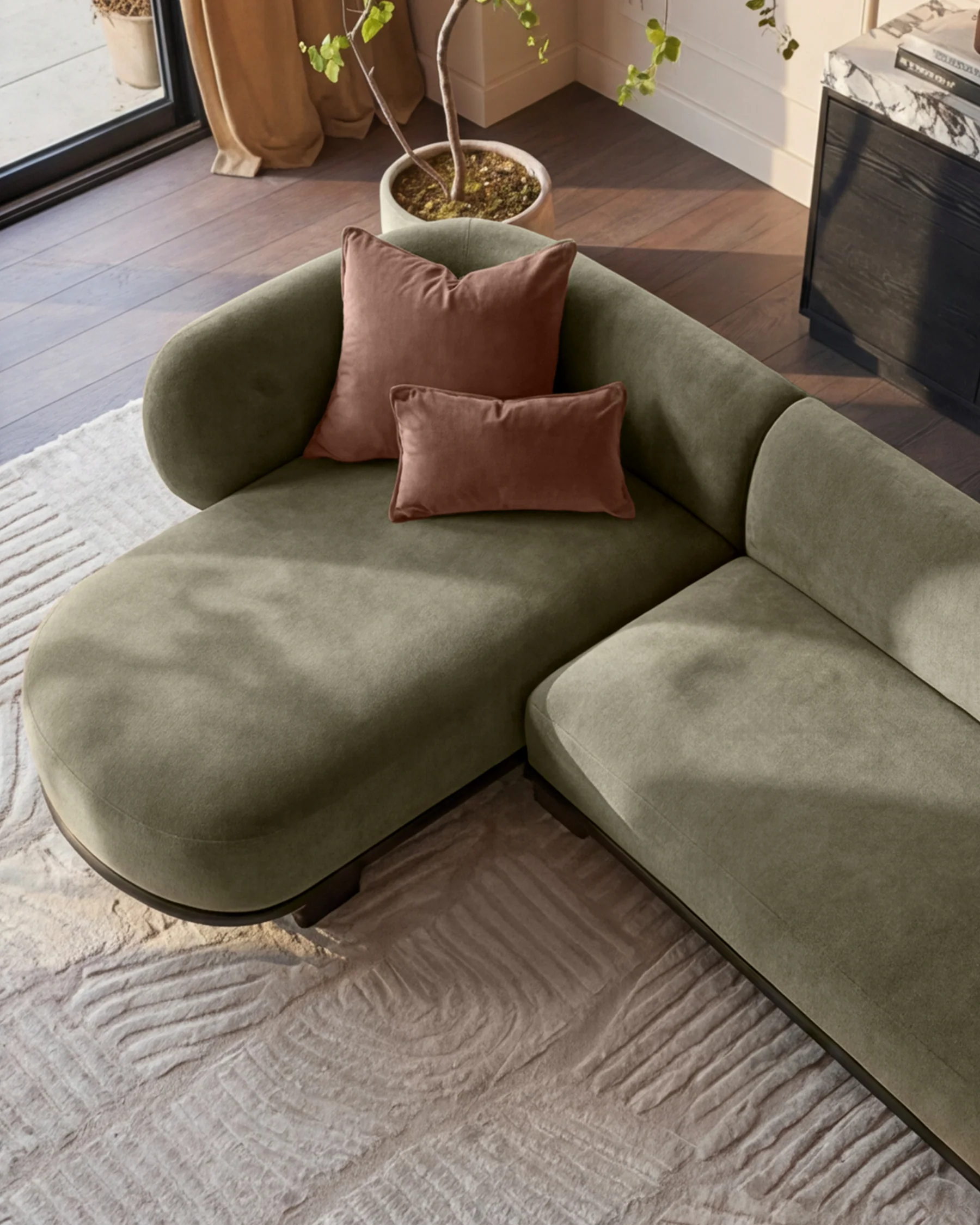Florence olive green fabric with dark wood left hand facing chaise sofa - Image 2