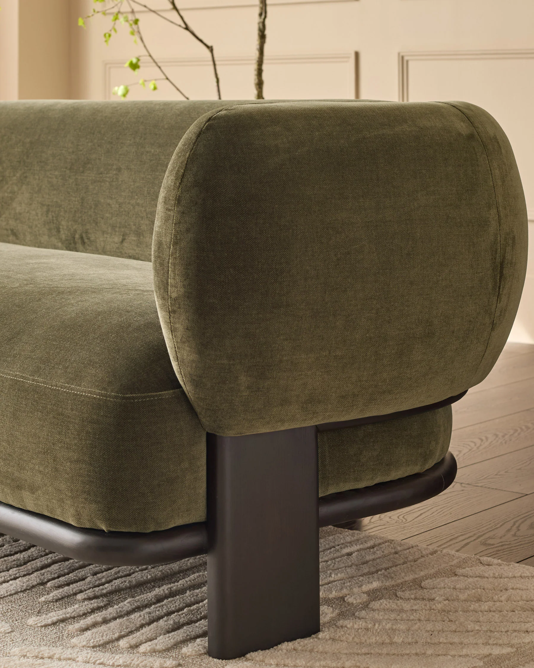 Florence olive green fabric with dark wood left hand facing chaise sofa - Image 6