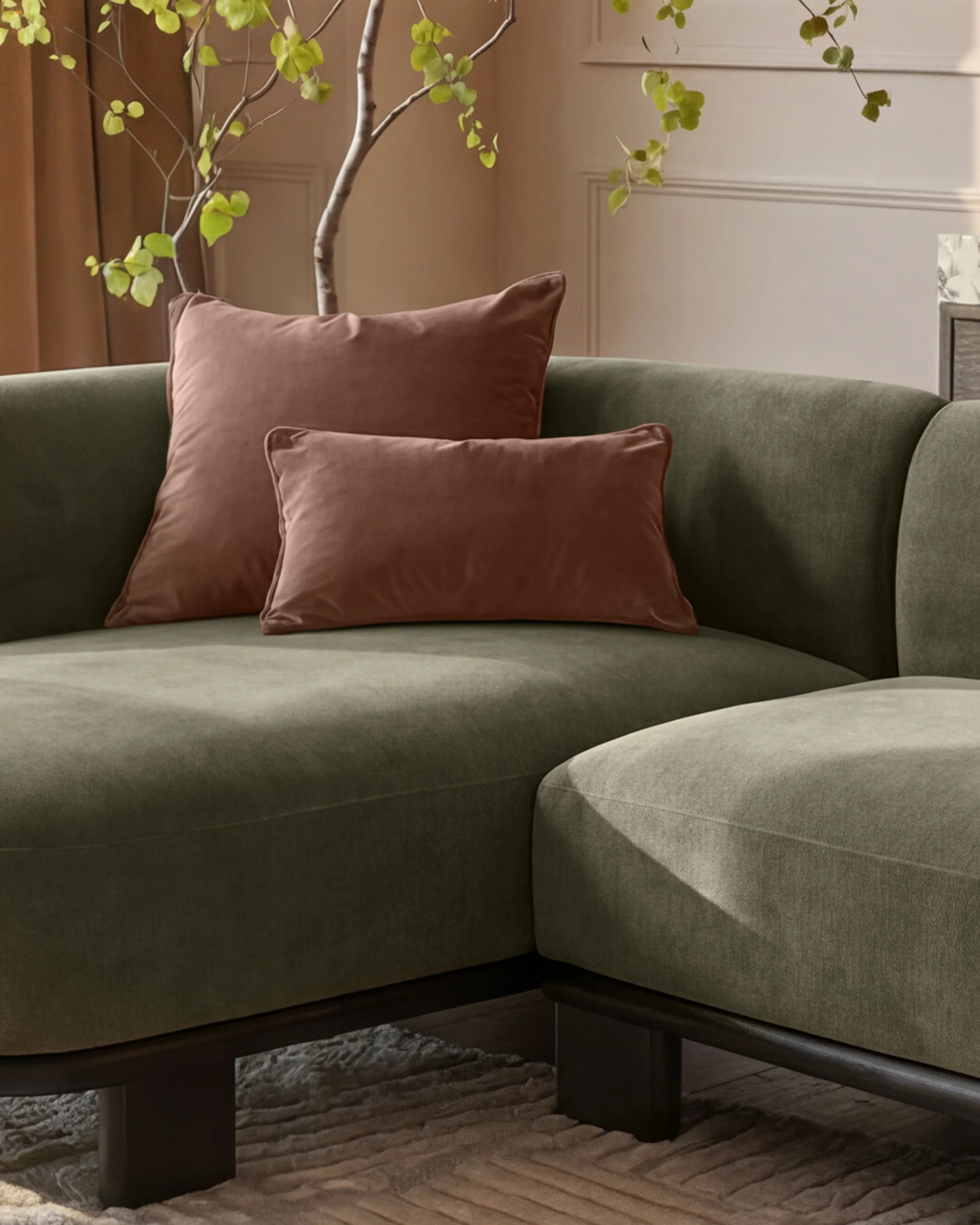 Florence olive green fabric with dark wood left hand facing chaise sofa - Image 8