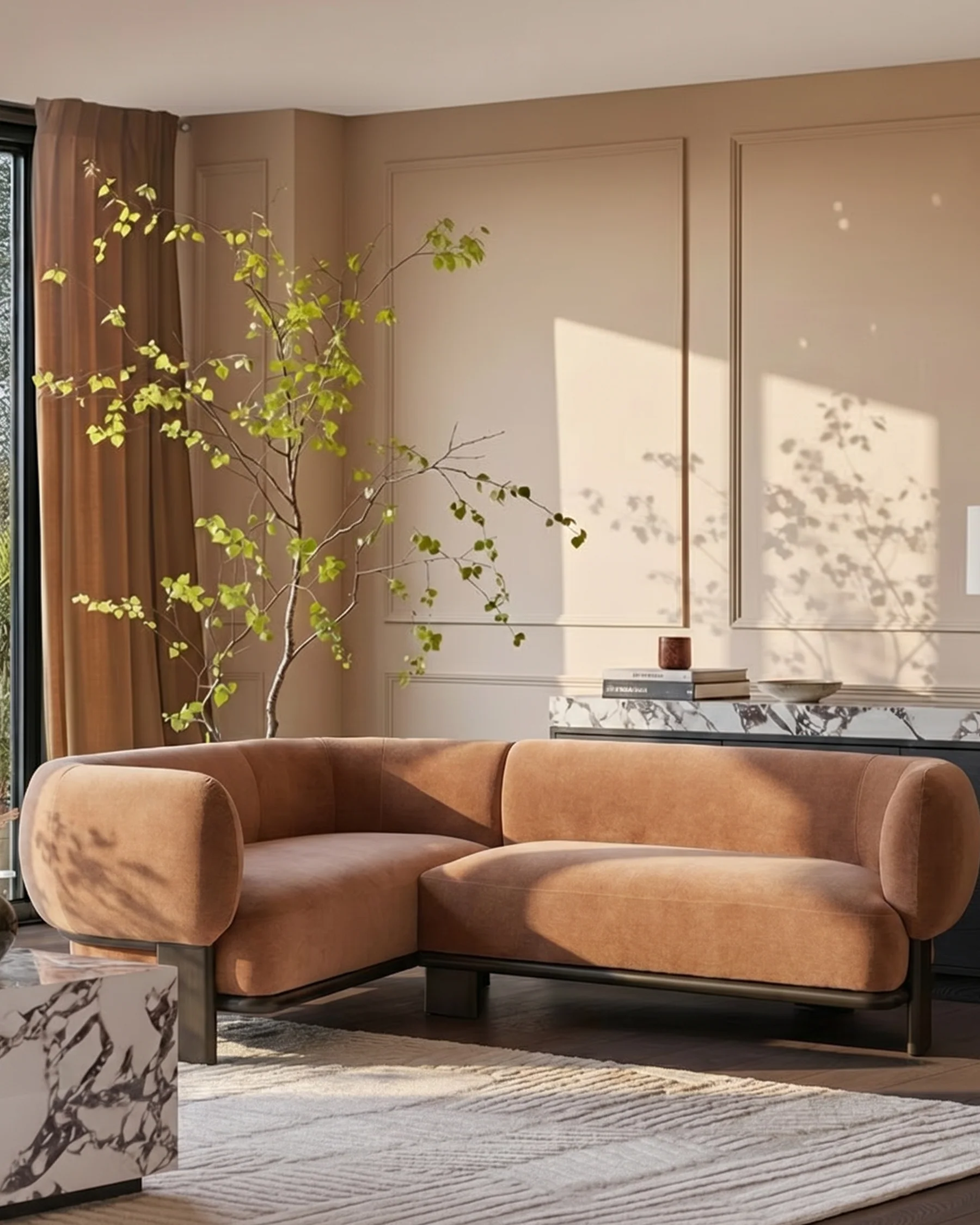 Florence apricot fabric with dark wood left hand facing small corner sofa