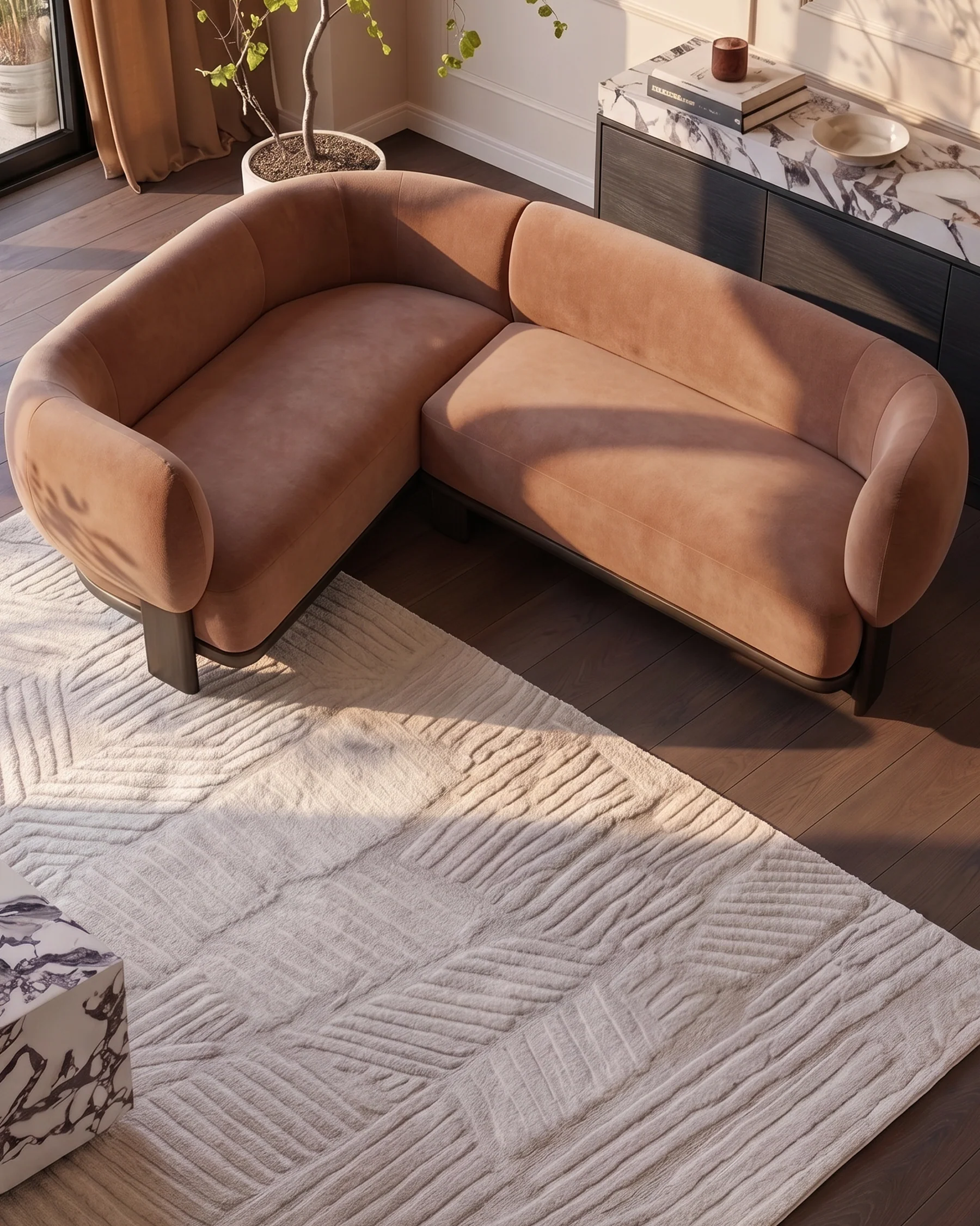 Florence apricot fabric with dark wood left hand facing small corner sofa - Image 2
