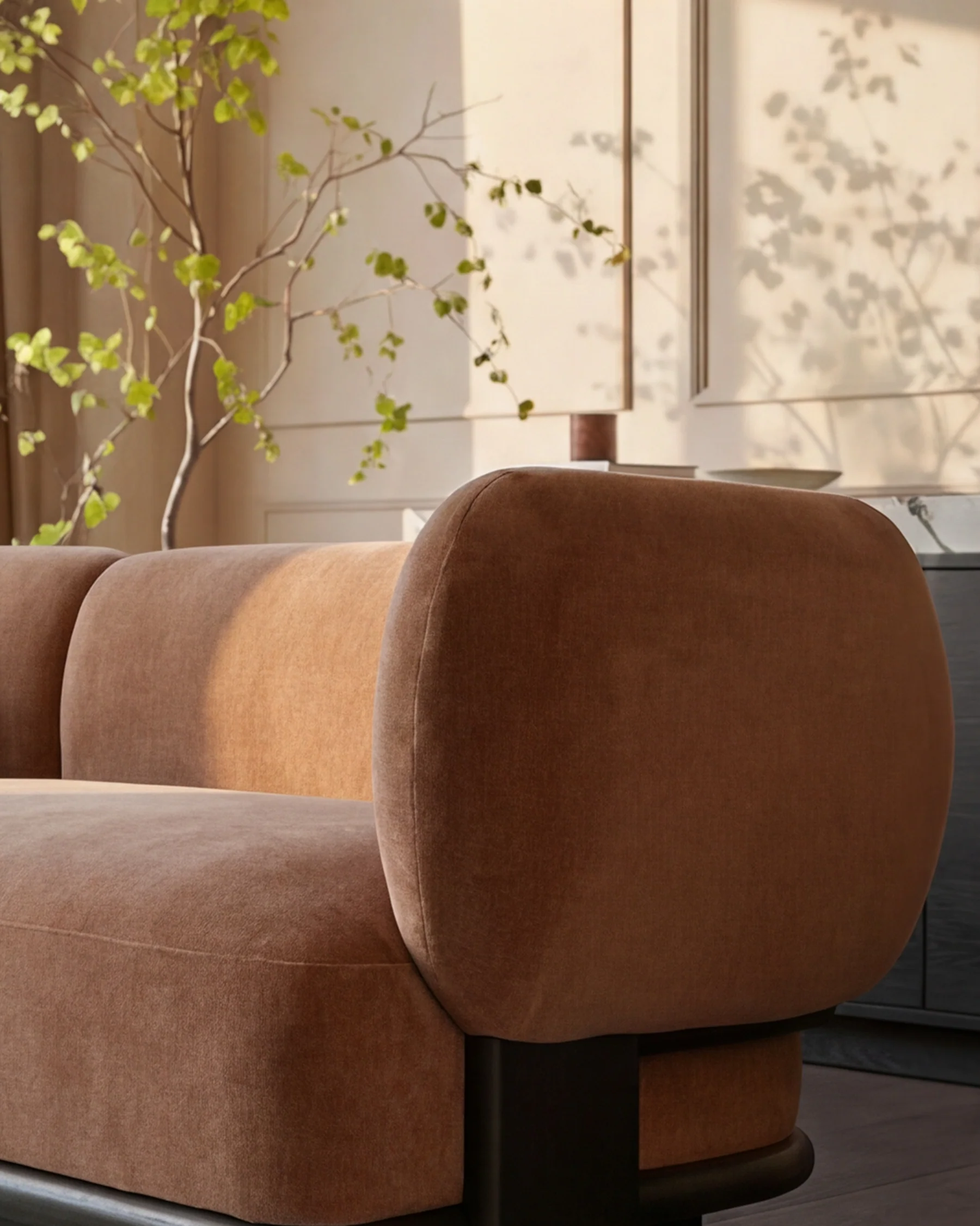 Florence apricot fabric with dark wood left hand facing small corner sofa - Image 6