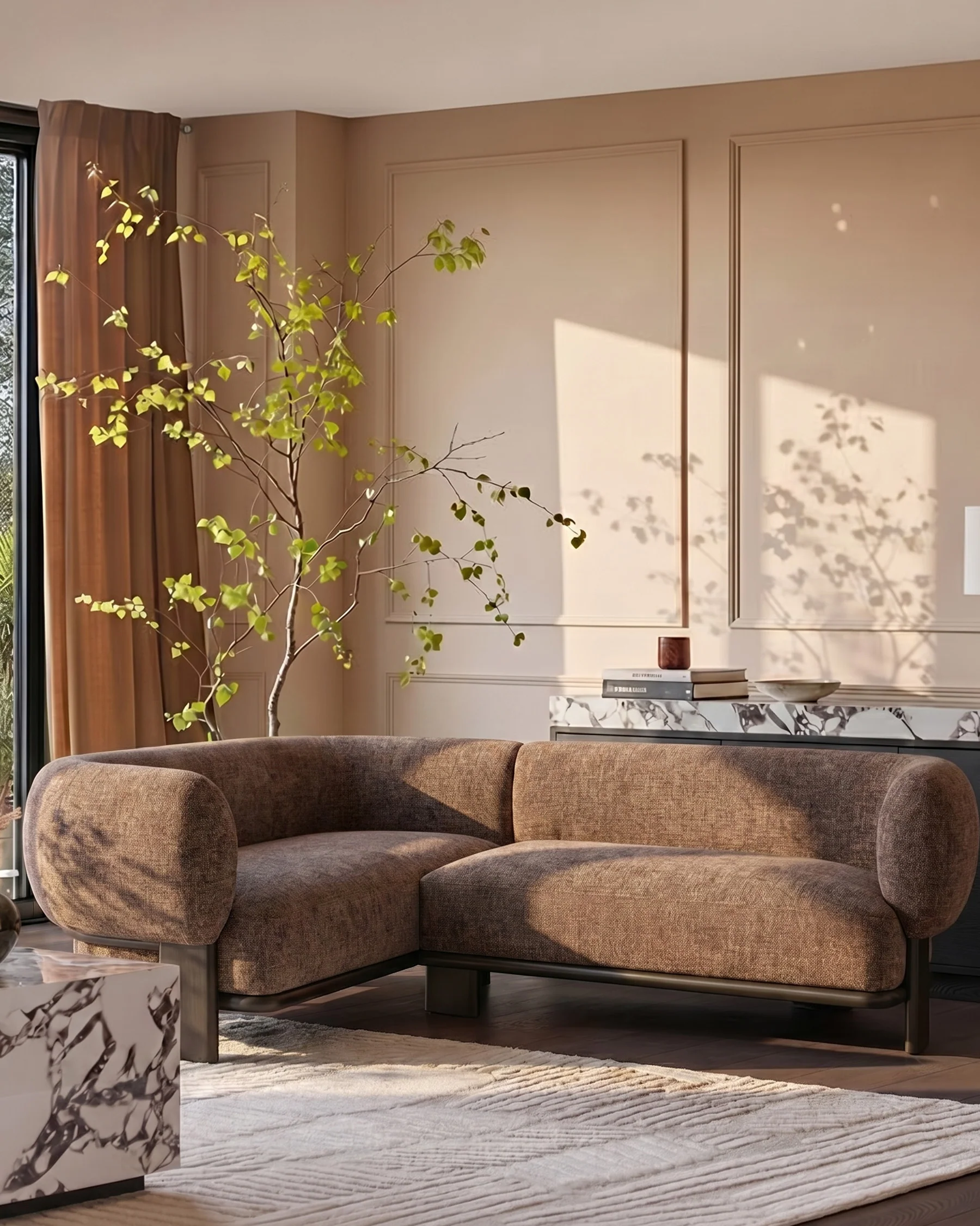 Florence mocha fabric with dark wood left hand facing small corner sofa