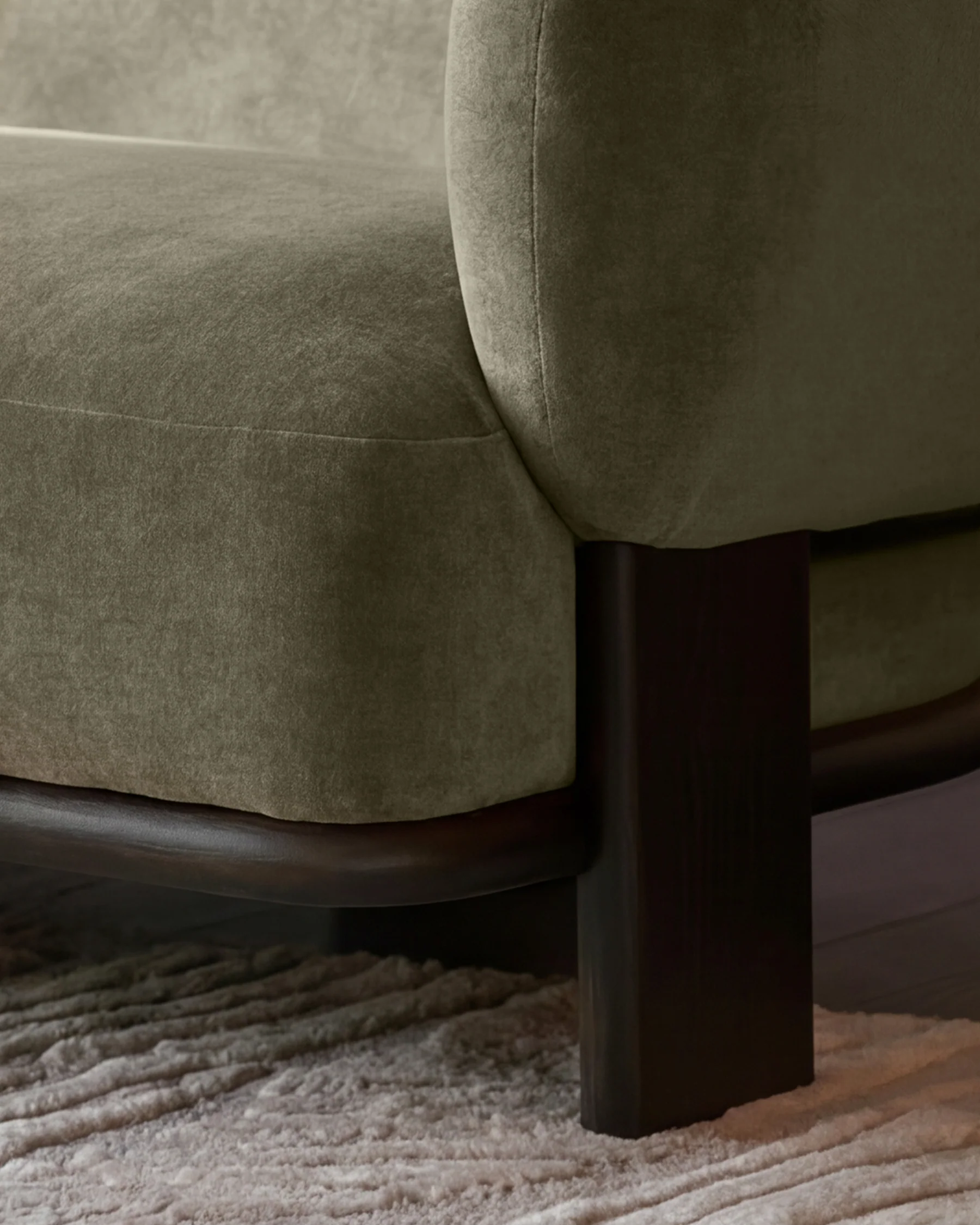 Florence olive green fabric with dark wood left hand facing small corner sofa - Image 8
