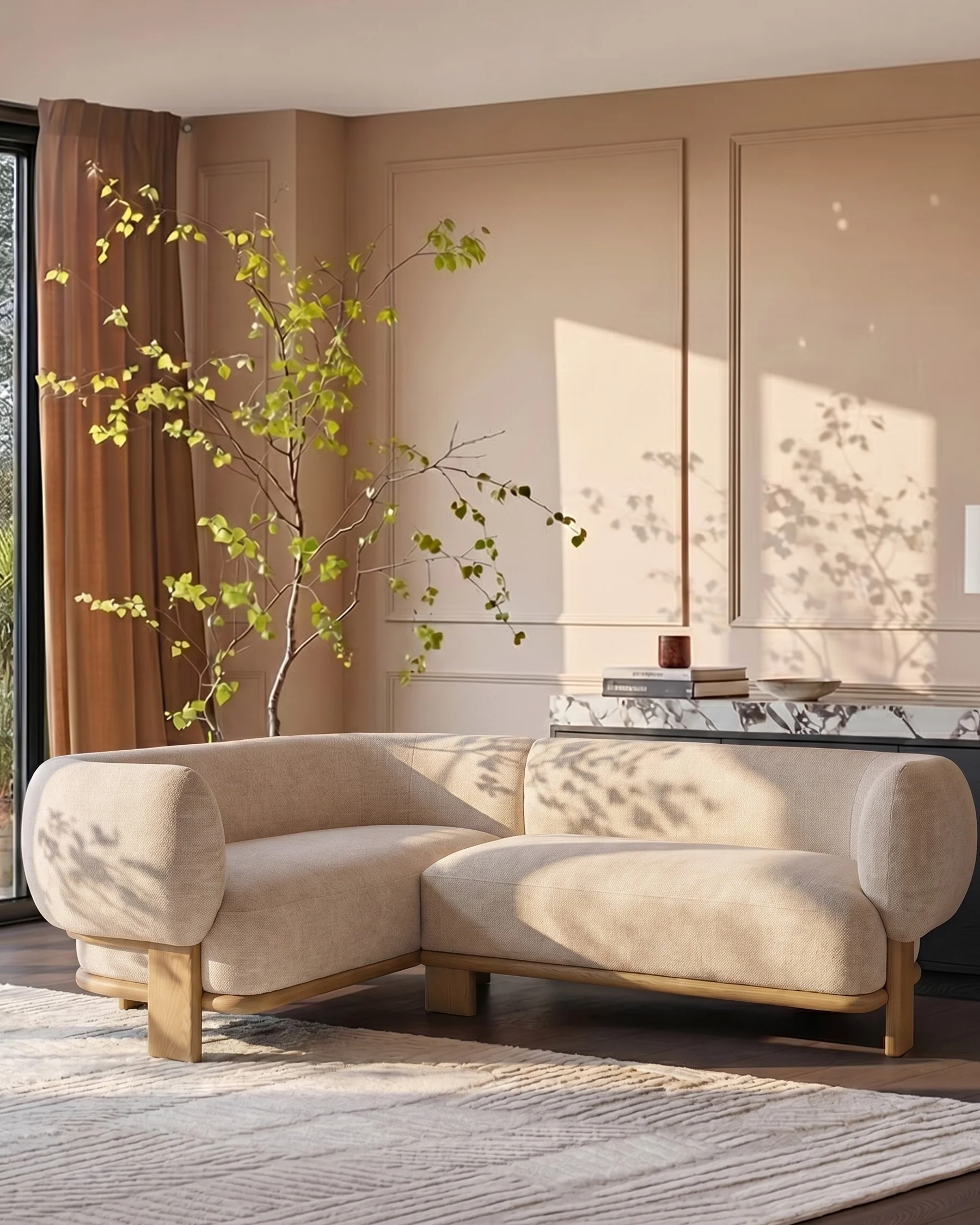 Florence natural fabric with light wood left hand facing small corner sofa