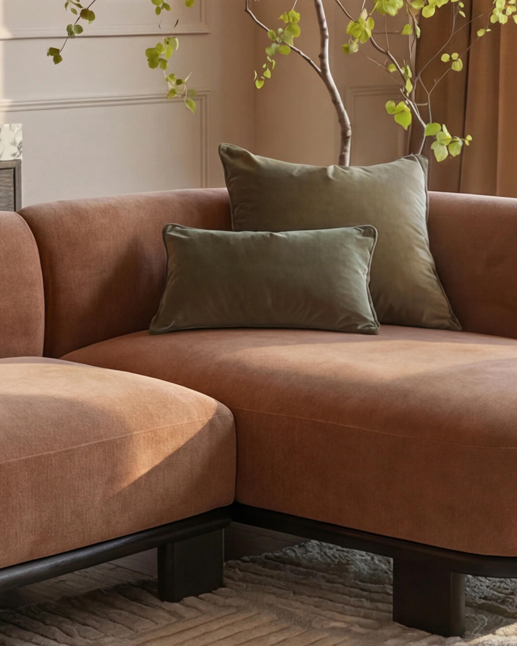 Florence apricot fabric with dark wood right hand facing chaise sofa - Image 7