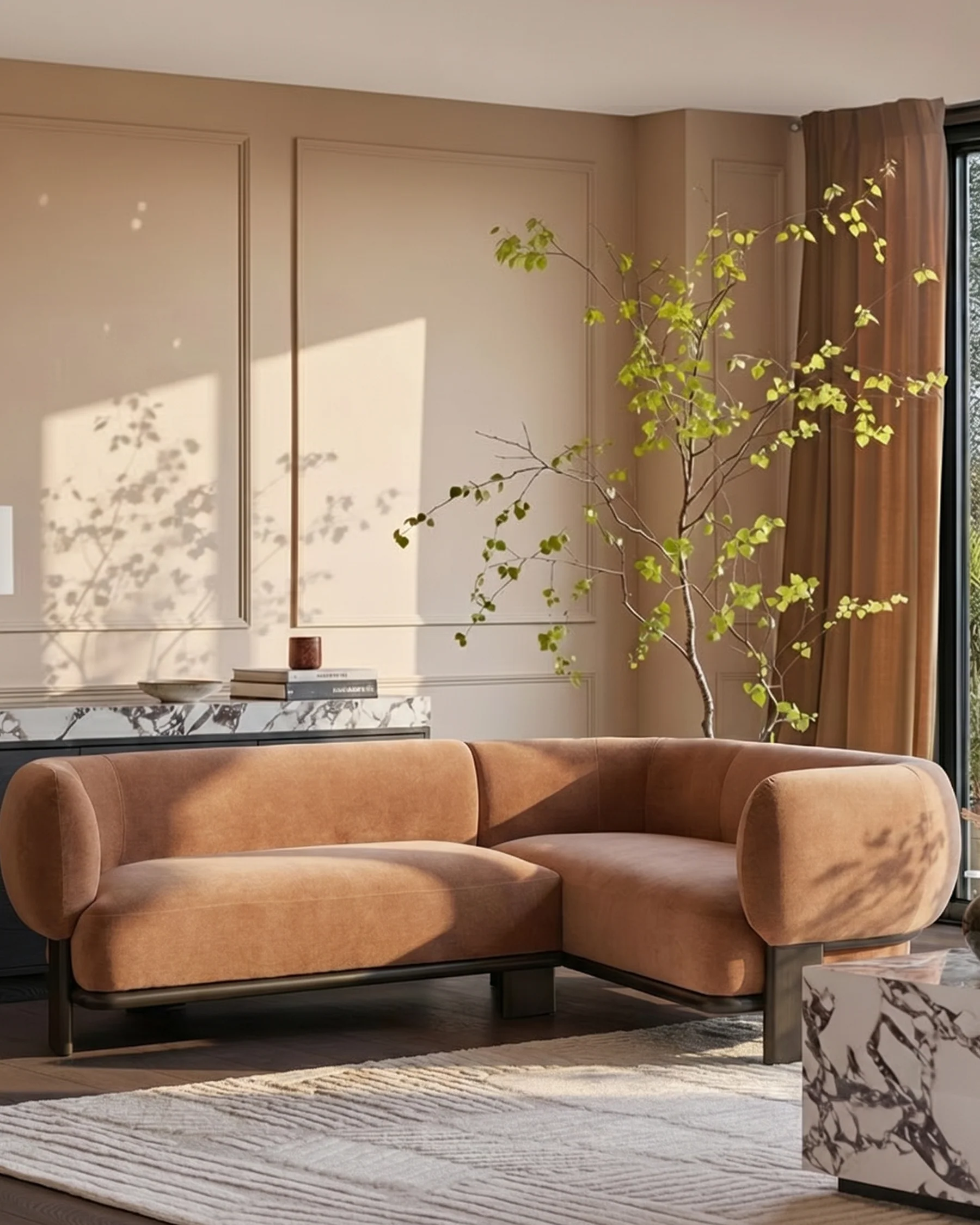 Florence apricot fabric with dark wood right hand facing small corner sofa