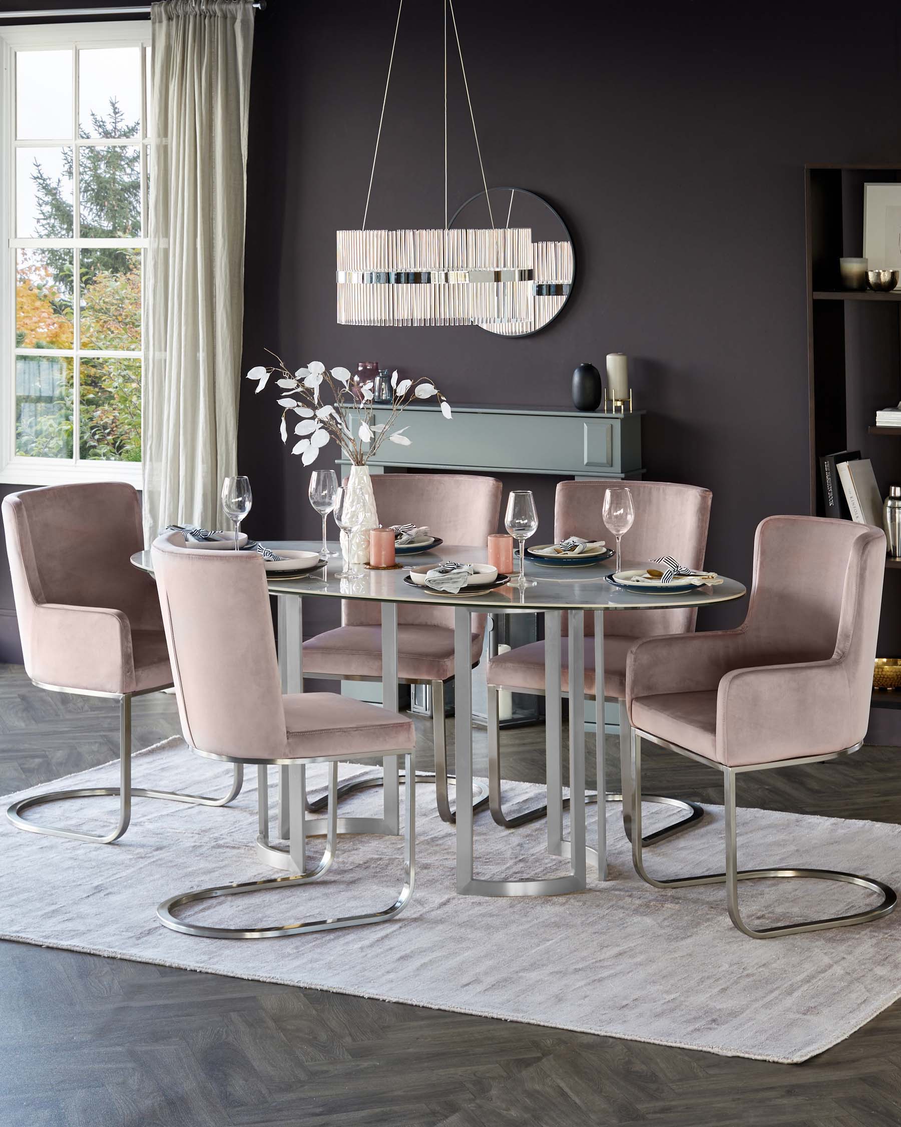 Form Blush Pink Velvet And Brushed Steel Dining Chair - Image 4