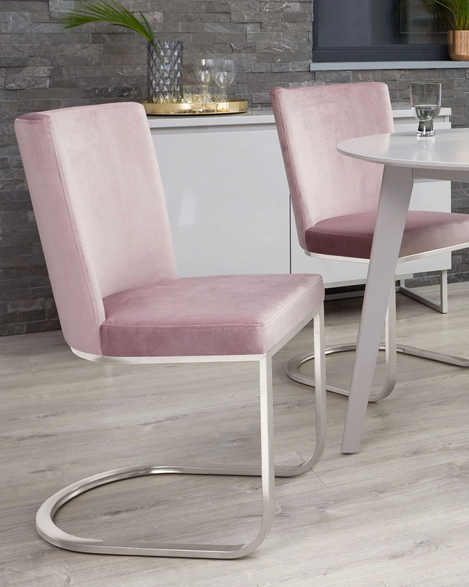 Form Blush Pink Velvet And Brushed Steel Dining Chair - Image 5