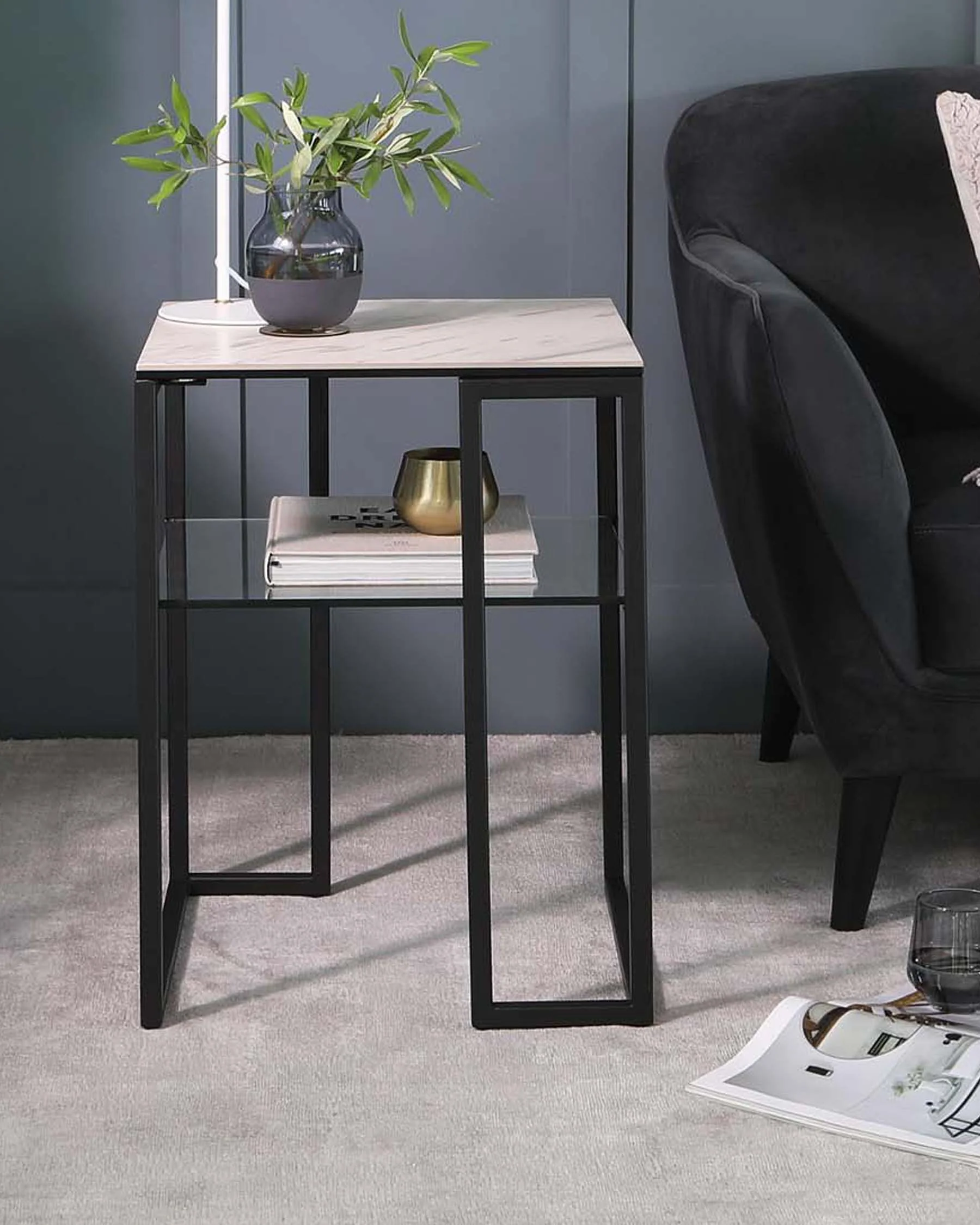 Georgia White Marbled Ceramic Side Table - Image 2