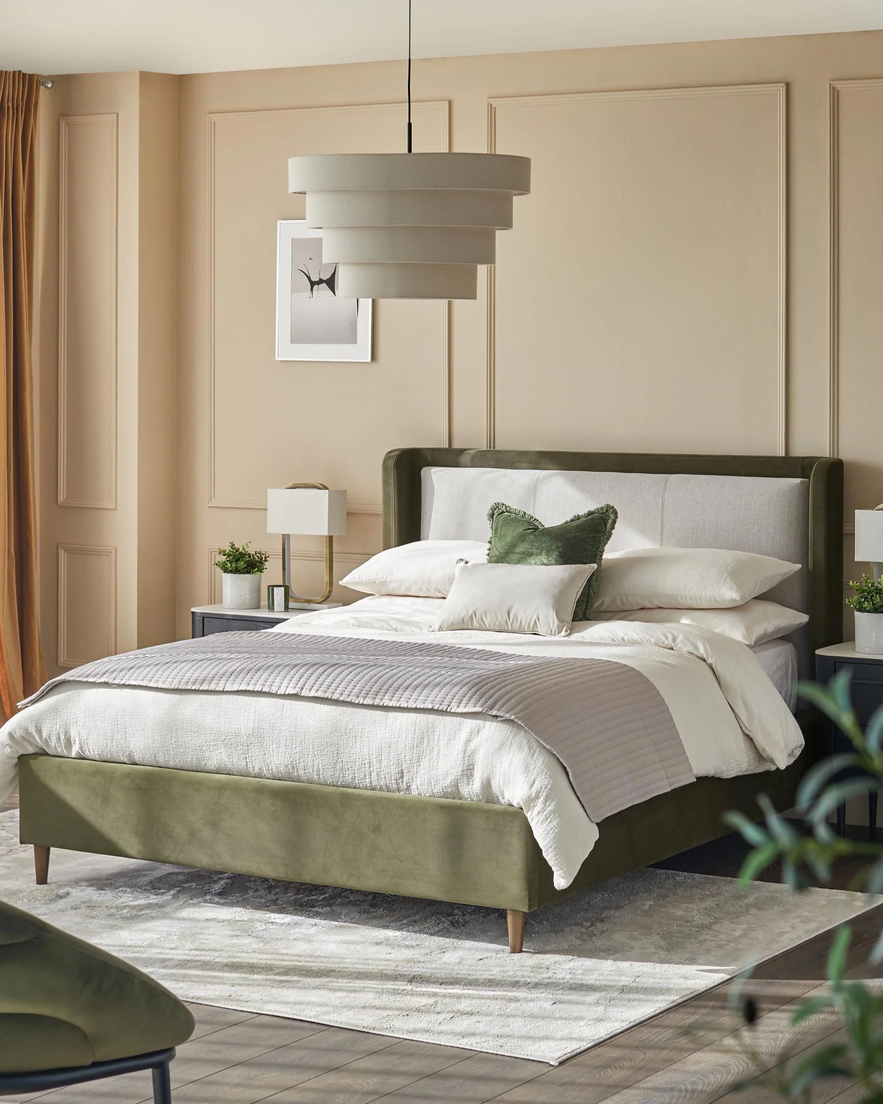 Grove natural fabric and olive green velvet double ottoman storage bed