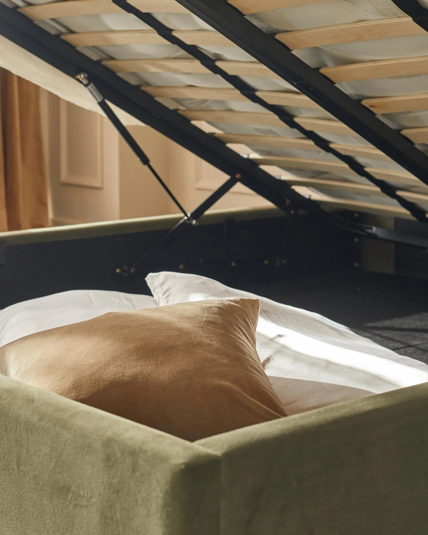 Grove natural fabric and olive green velvet double ottoman storage bed - Image 10