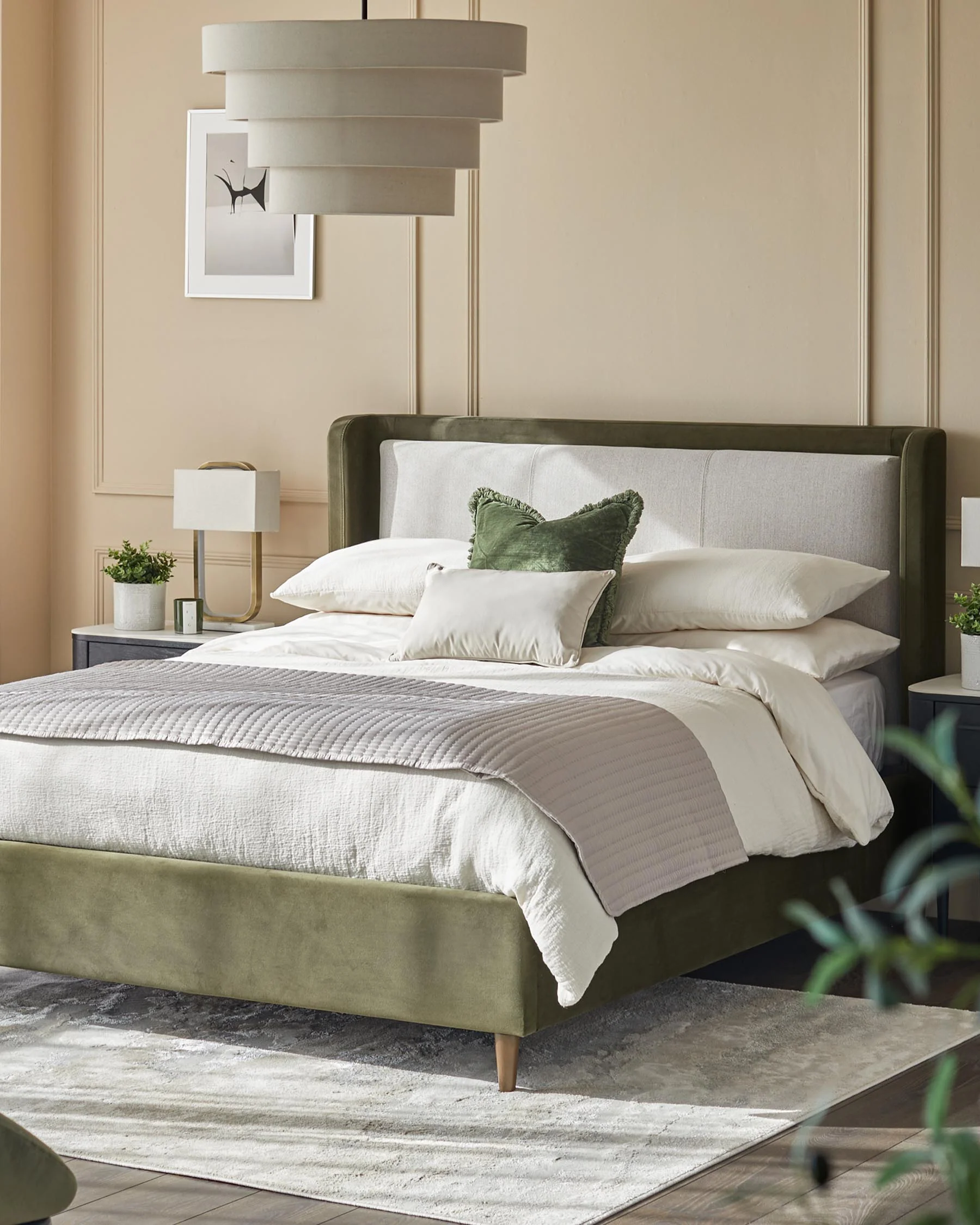 Grove natural fabric and olive green velvet king size ottoman storage bed