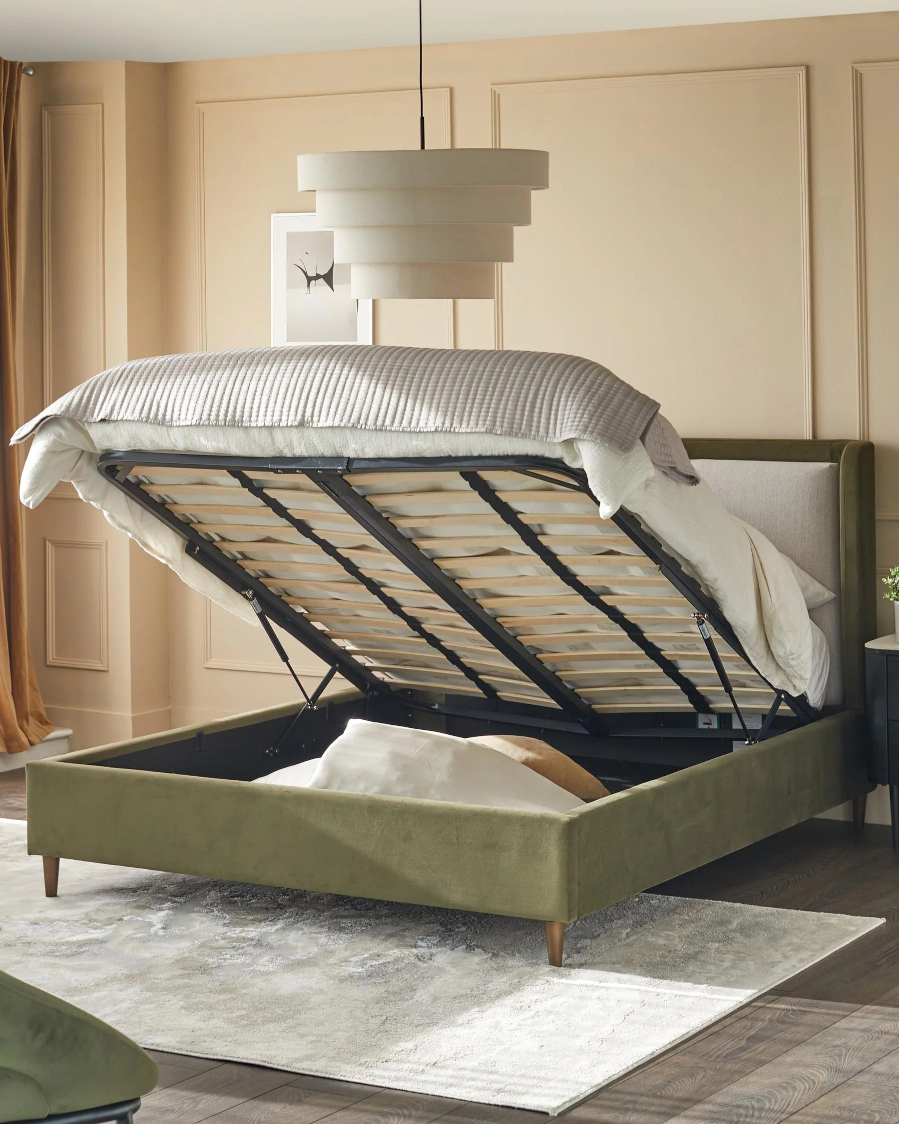 Grove natural fabric and olive green velvet king size ottoman storage bed - Image 3