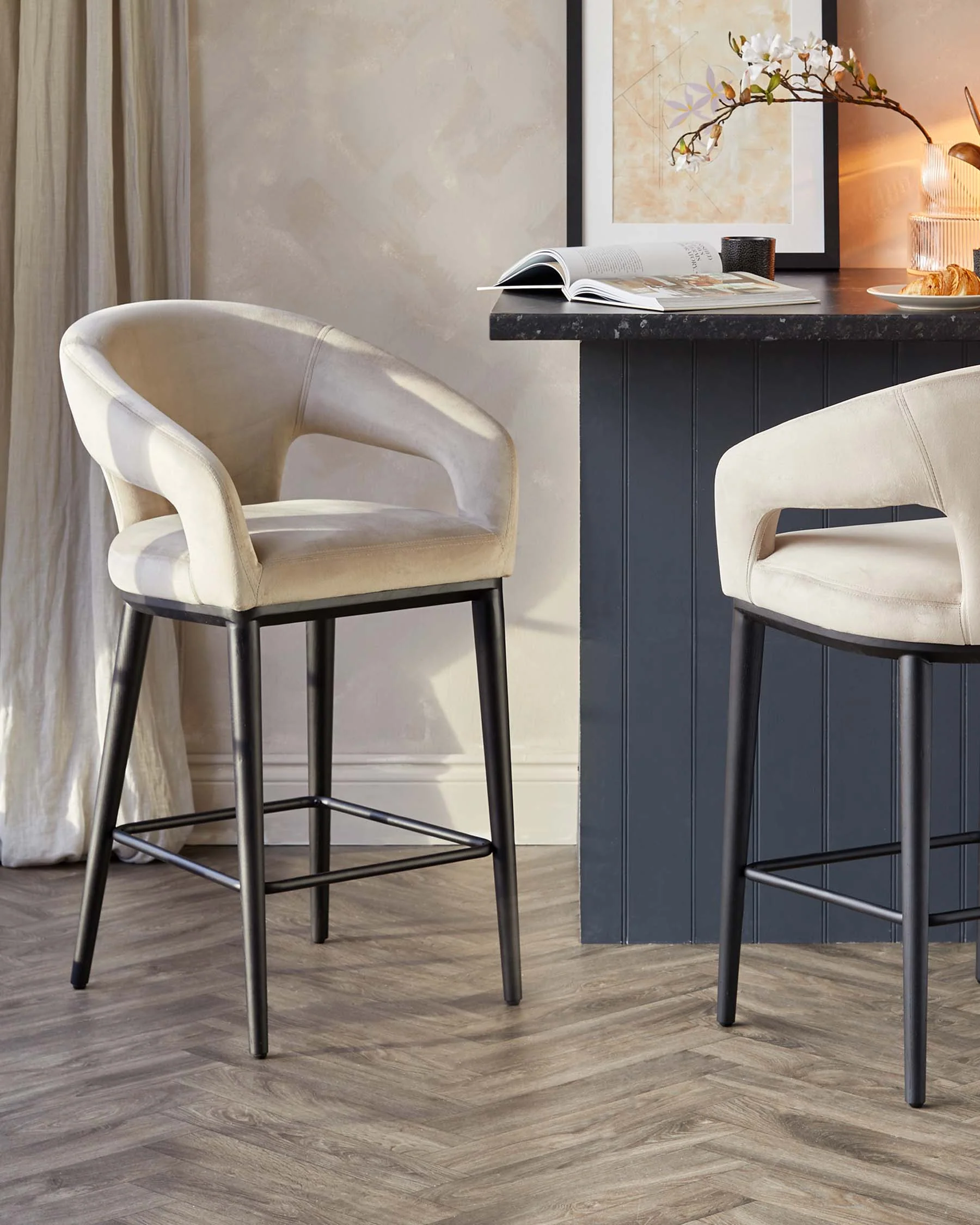 Heath Champagne Plush Velvet Black Wood Bar Stool - Image 2