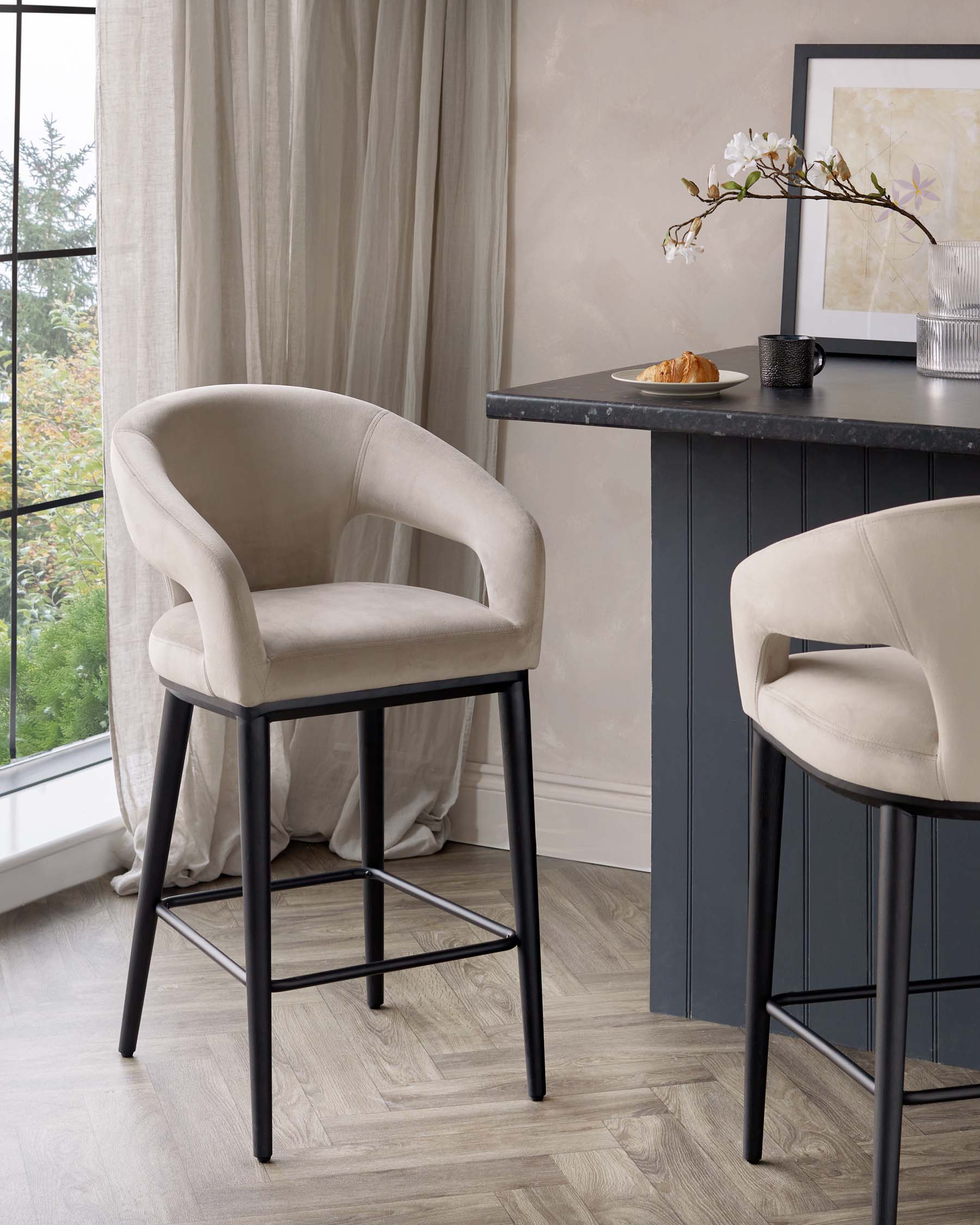 Heath Champagne Plush Velvet Black Wood Bar Stool - Image 5