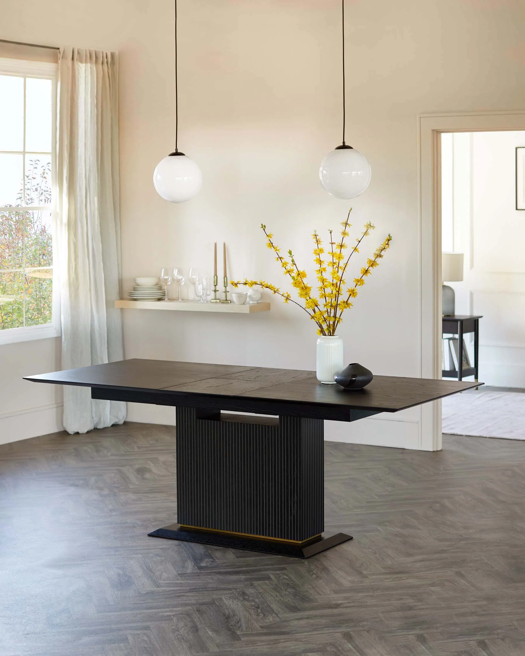Kai 6-8 Black Wood Dining Table with 6 Harper II Warm Grey Soft Touch Boucle Dining Chairs - Image 3