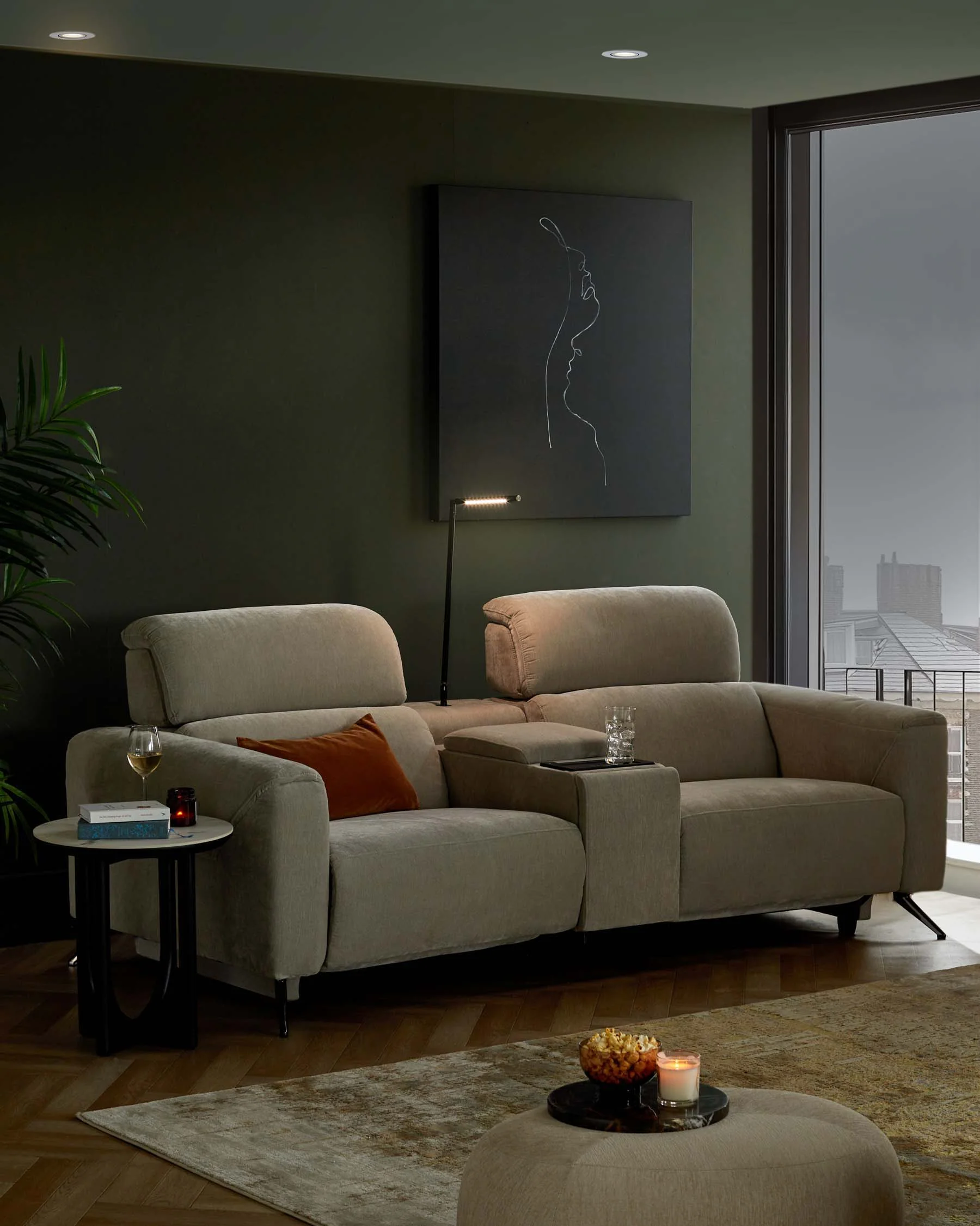Kenzie light grey fabric recliner 2 seater sofa with console - Image 4