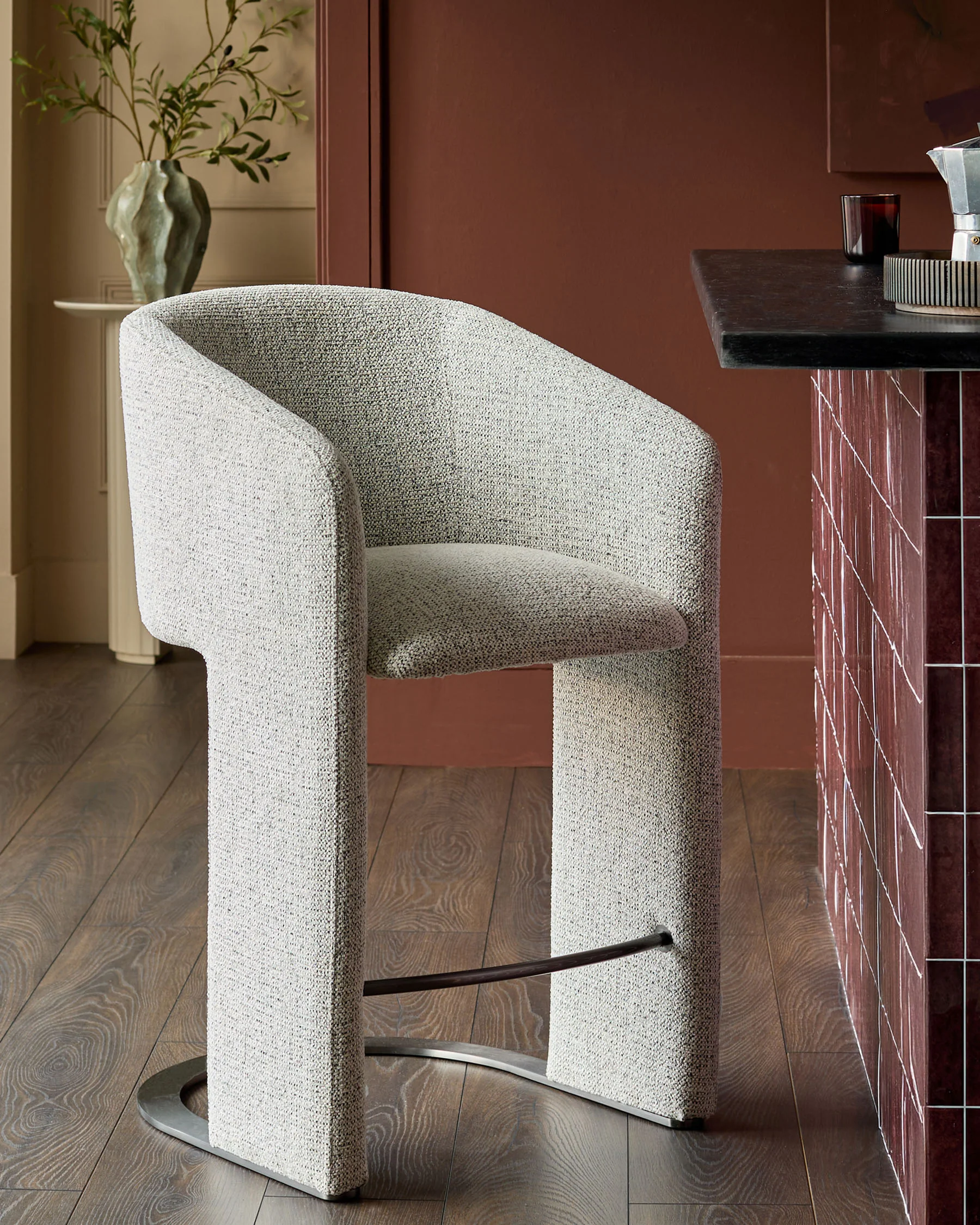 Leighton grey fabric black steel cantilever bar stool