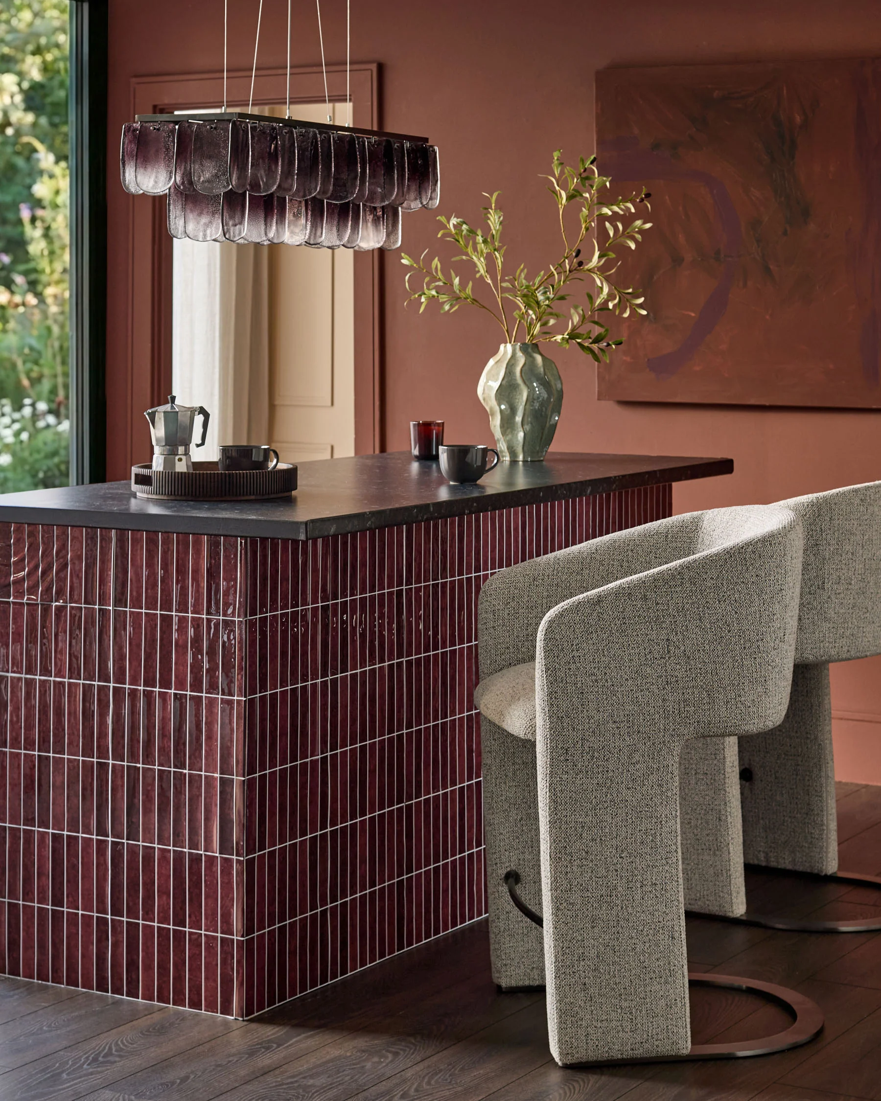 Leighton grey fabric black steel cantilever bar stool - Image 4