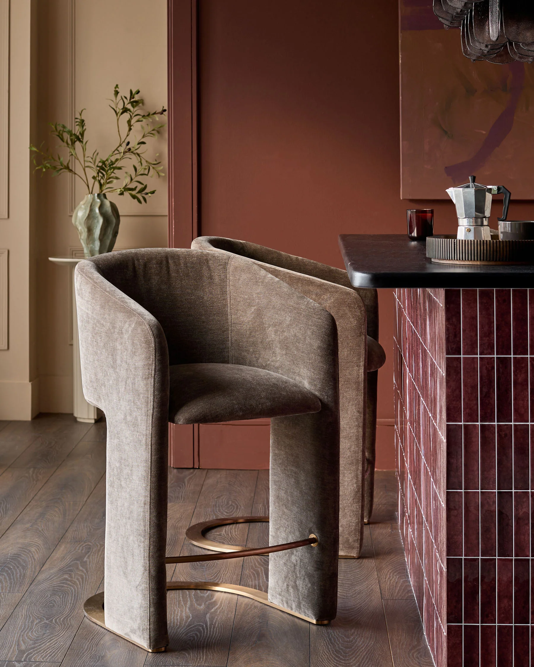 Leighton mocha chenille brushed bronze cantilever bar stool - Image 5