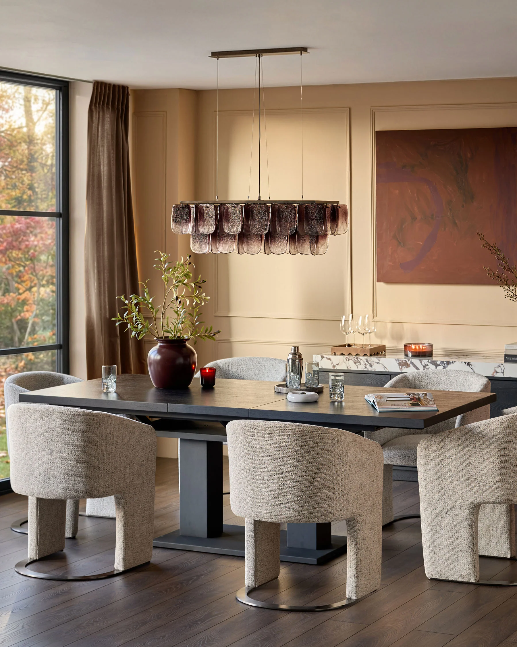 Leighton grey chenille black steel cantilever dining chair - Image 2