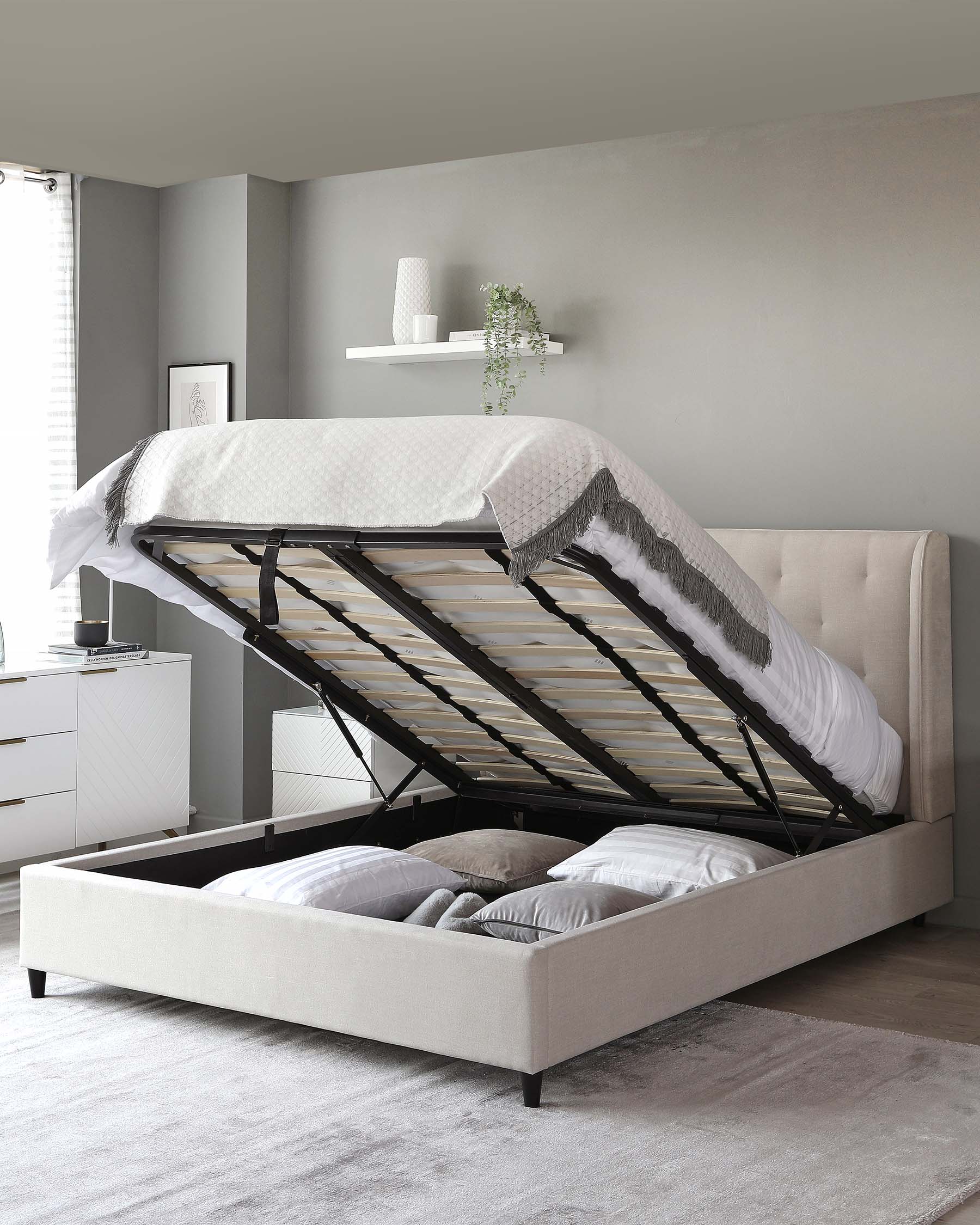 Lenora Cream Fabric King Size Ottoman Storage Bed - Image 2