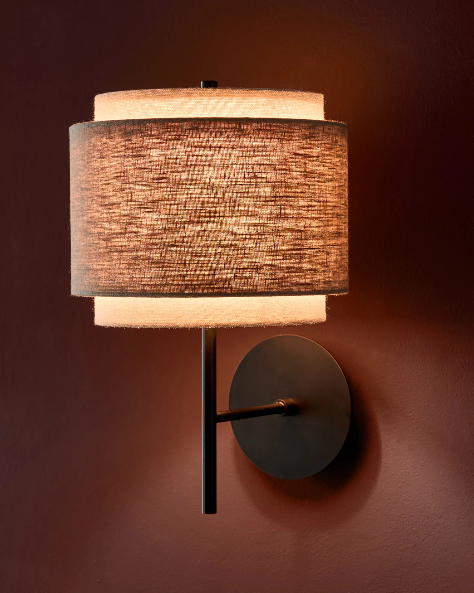 Leonie natural and mocha linen dark wood wall light - Image 2