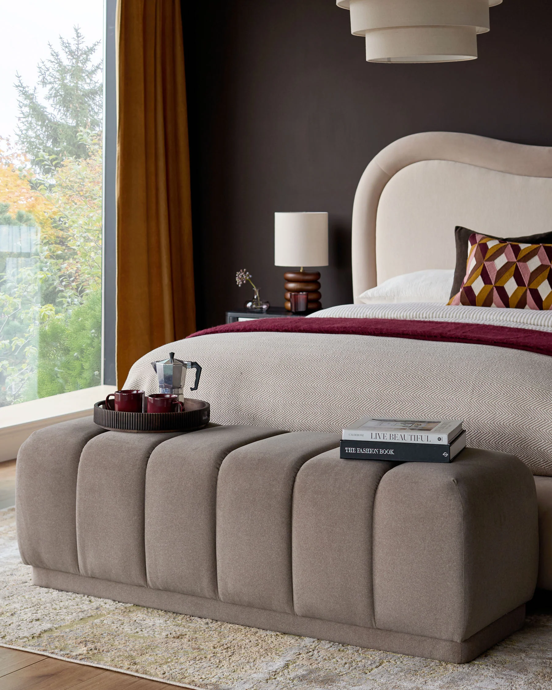 Lillian mocha plush fabric bench