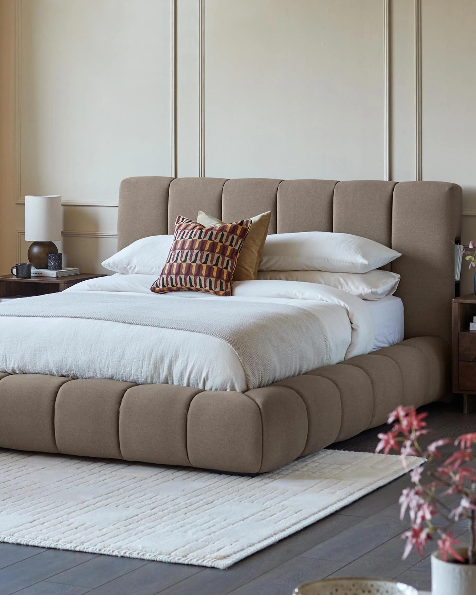 Lillian mocha plush fabric double ottoman storage bed