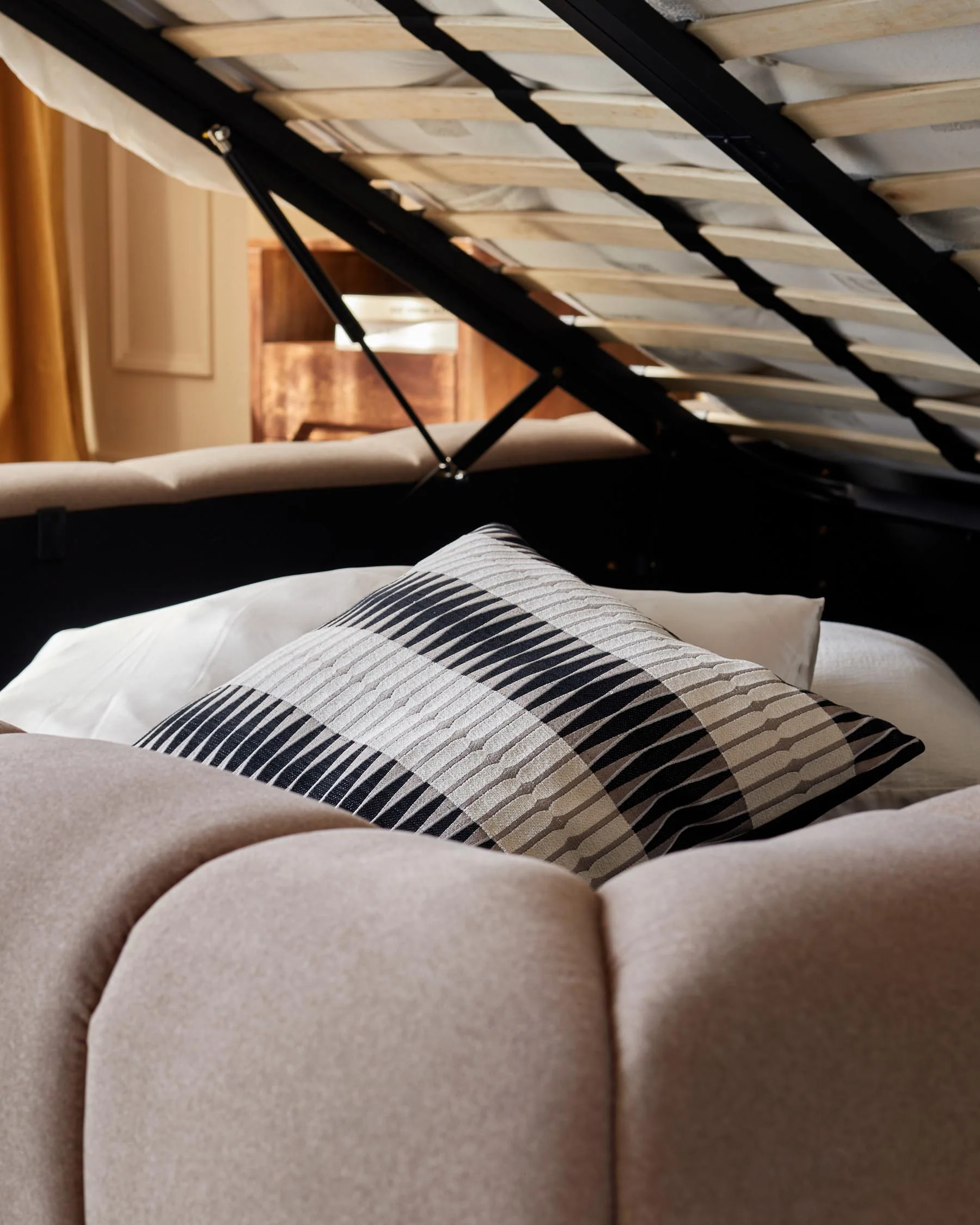 Lillian mocha fabric super king ottoman storage bed - Image 8