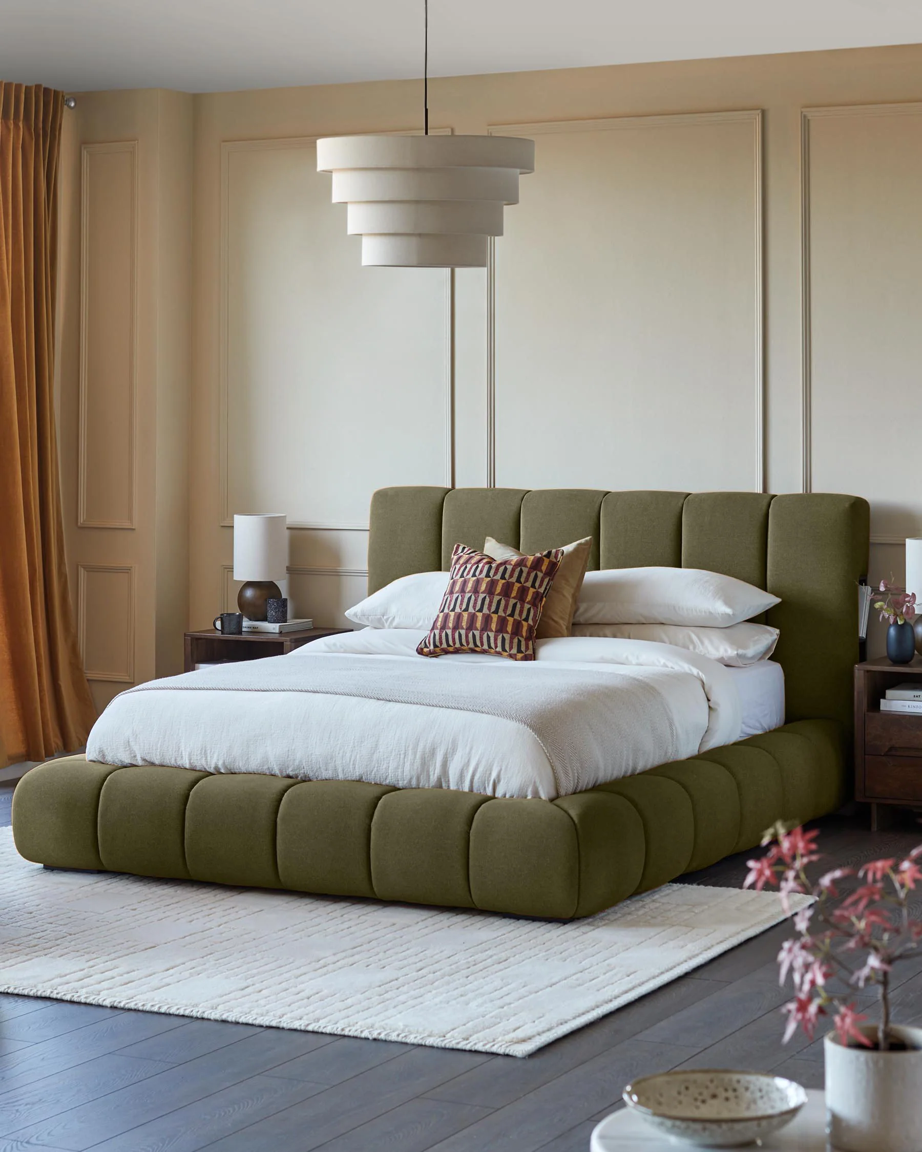 Lillian olive green fabric king size ottoman storage bed
