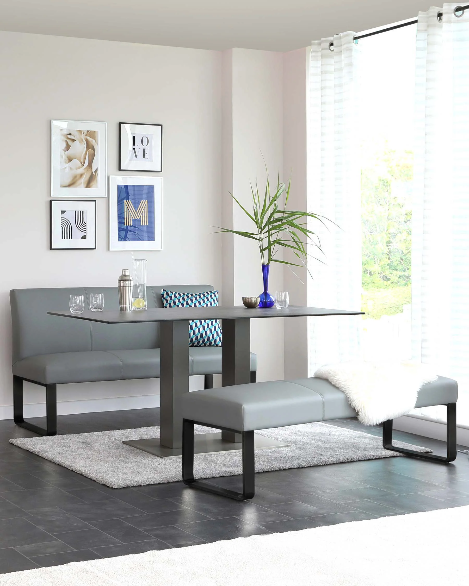 Loop 3 Seater Mid Grey & Black Leg Dining Bench With Backrest - Image 5