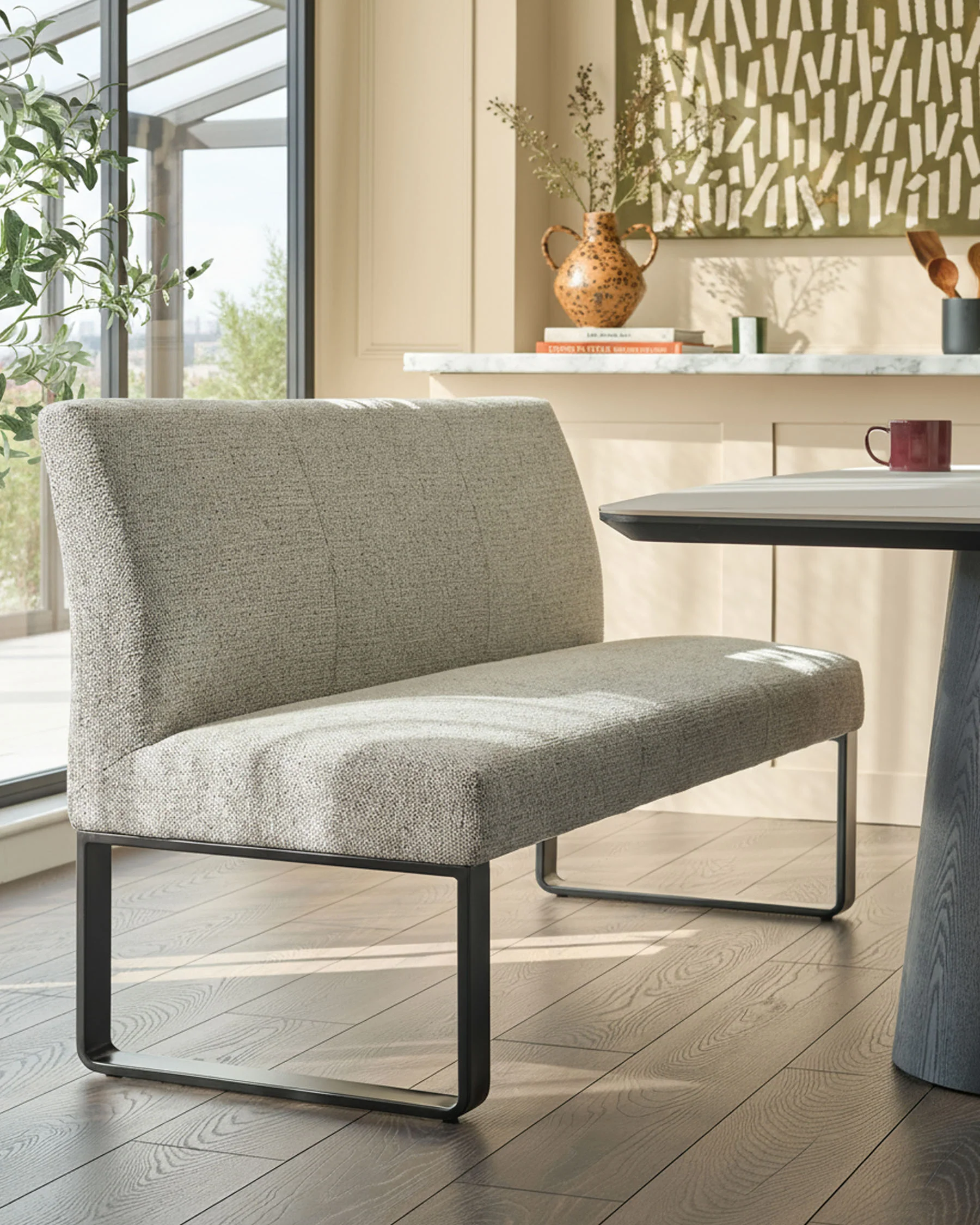 Loop grey fabric 3 seater black metal dining bench with backrest
